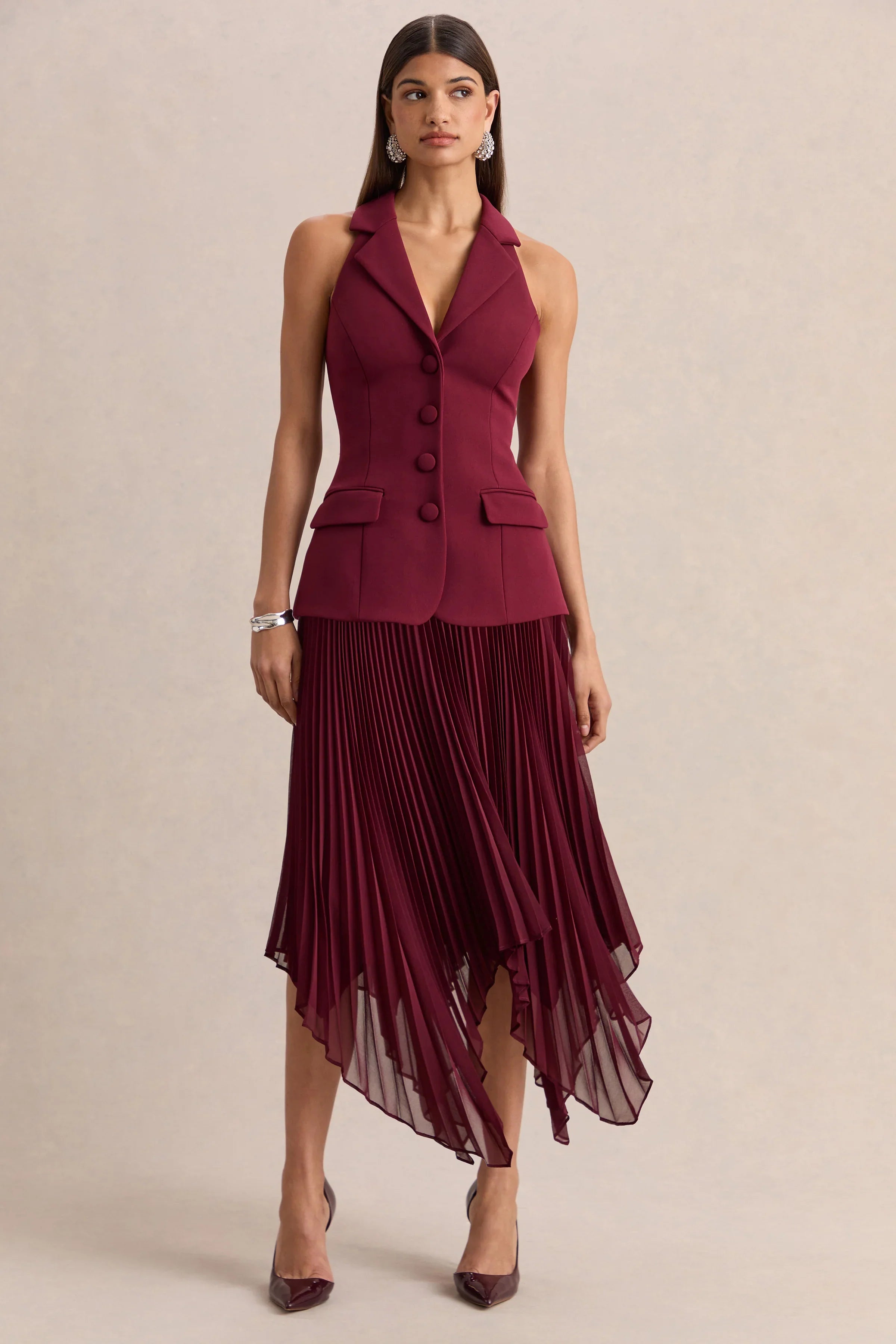 Marvelle Burgundy Plunge Neck Maxi Dress With Hanky Hem