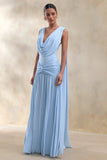 Amelisse Powder Blue Plunge Neck Maxi Dress With Ruched Detailing