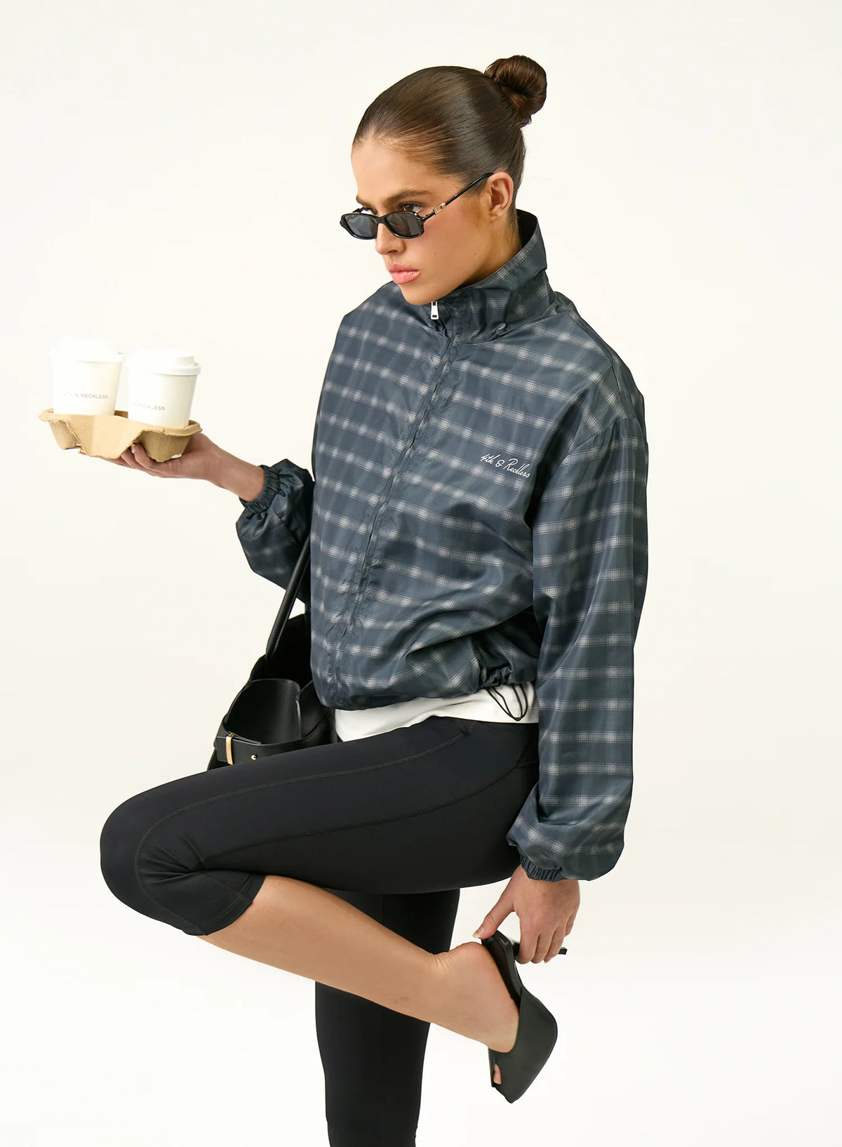 Check Print Funnel Neck Windbreaker Jacket