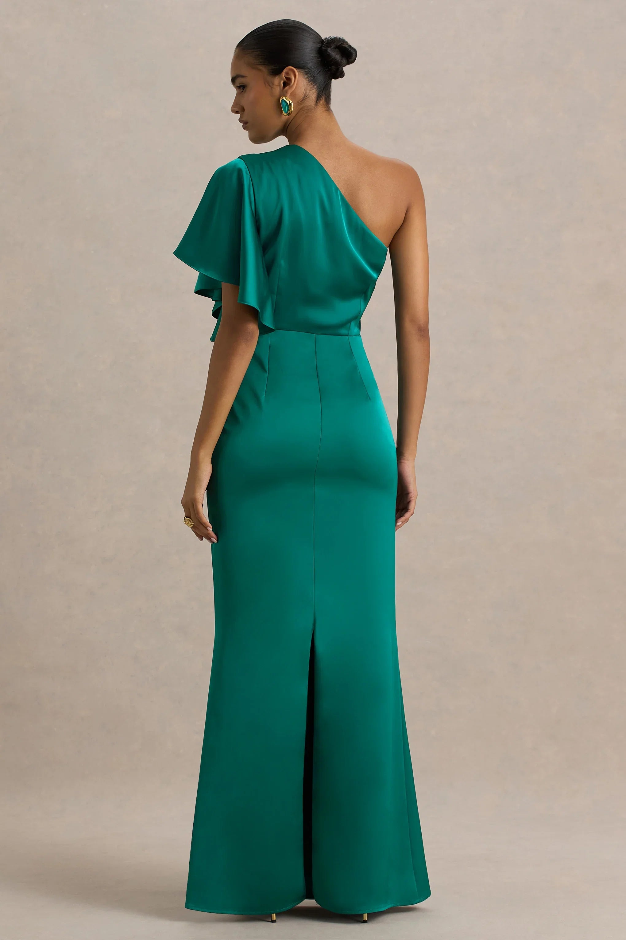 Unforgettable Bottle Green Asymmetric Neck Maxi Dress With Ruffled Detailing