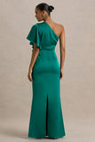 Unforgettable Bottle Green Asymmetric Neck Maxi Dress With Ruffled Detailing