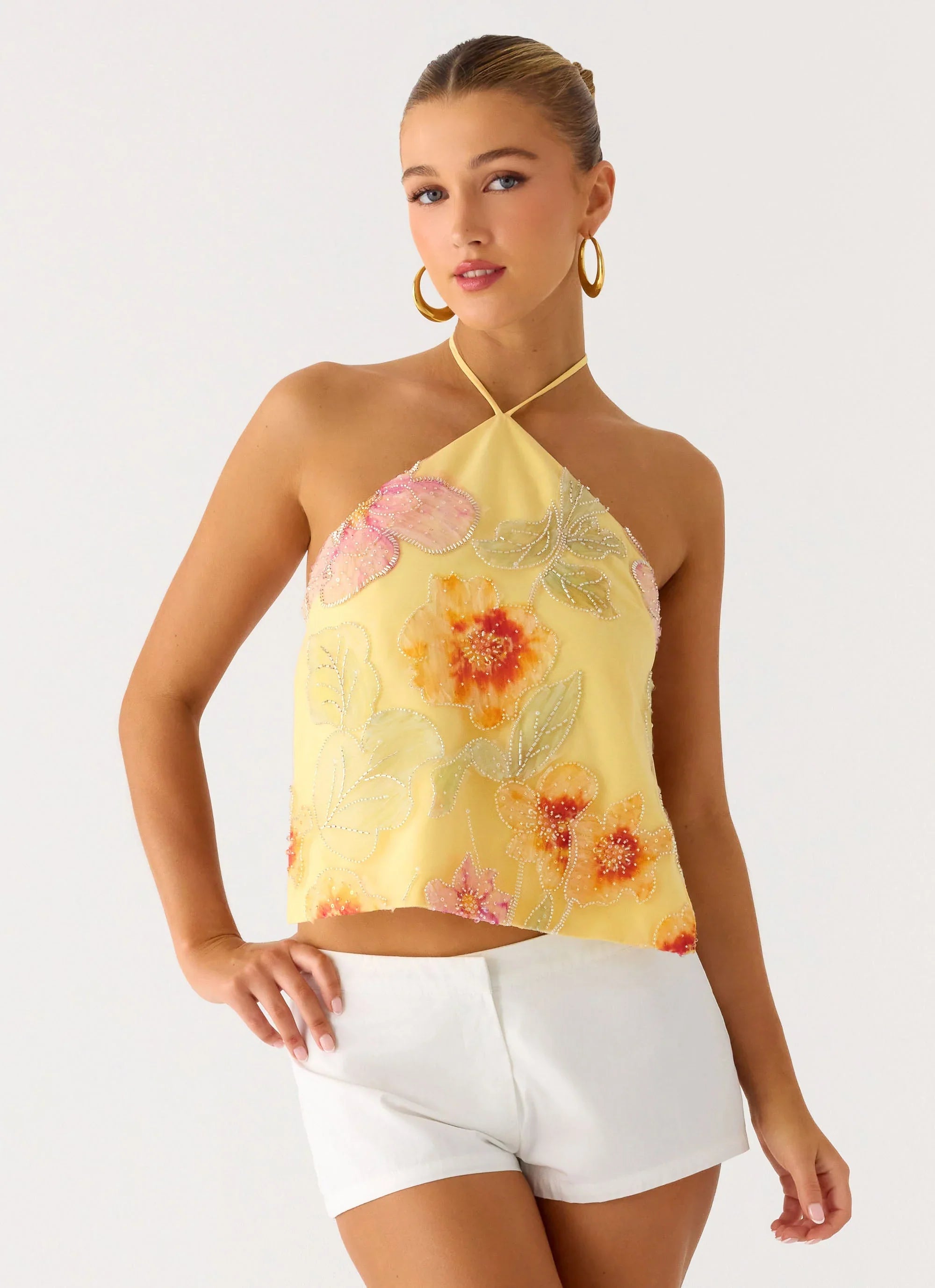 Bliss Beaded Halter Top Floral Beaded