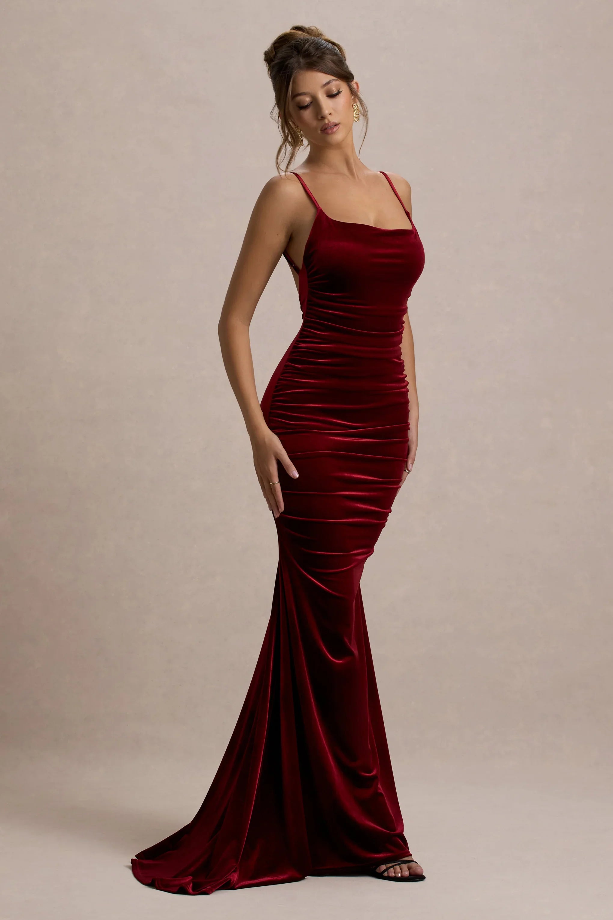 Adele Berry Velvet Ruched Strappy Fishtail Maxi Dress
