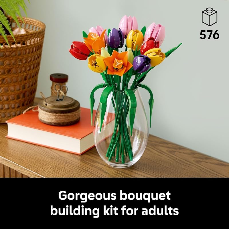 LEGO Botanicals Tulip Bouquet Building Set for Adults Gift for Birthdays Bedroom Book Shelf Office Decor for Women Men Ages 18 Artificial Flowers Crafting Kit 11501
