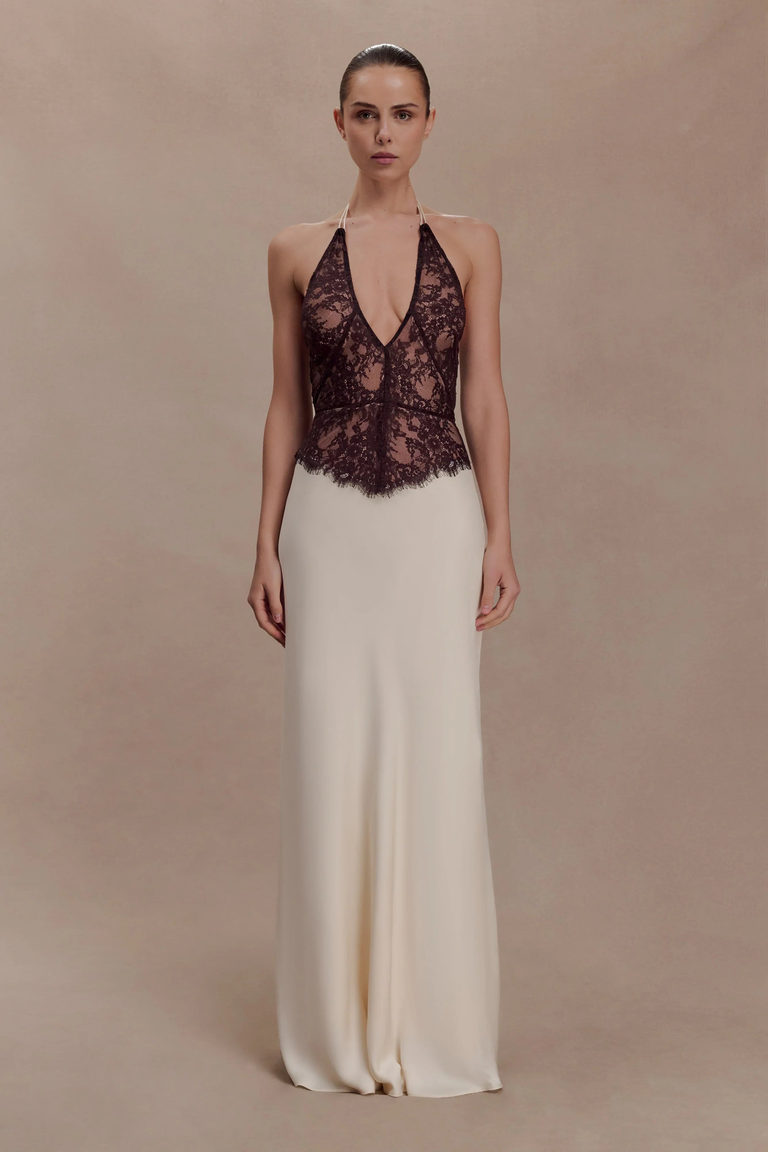Sascha Lace And Satin Halter Maxi Dress Ivory Chocolate