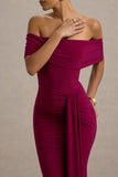 Delma Burgundy Bardot Maxi Dress With Drape Detail