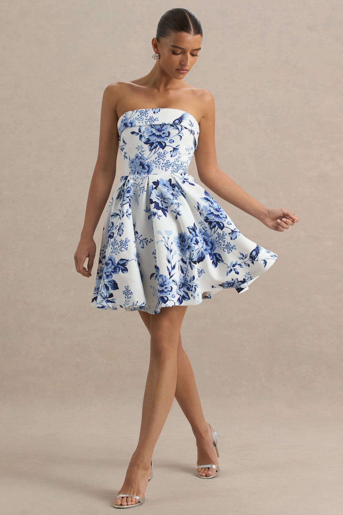 Fiorenza Blue Porcelain Print Bandeau Mini Dress With Volume Skirt