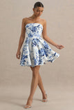Fiorenza Blue Porcelain Print Bandeau Mini Dress With Volume Skirt