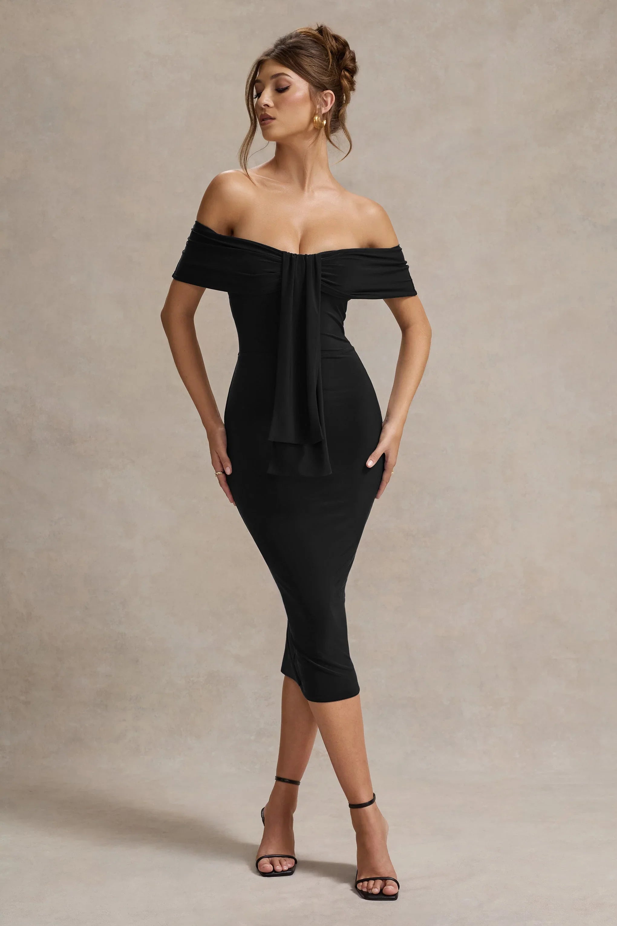 Selbie Black Bardot Midi Dress With Drape