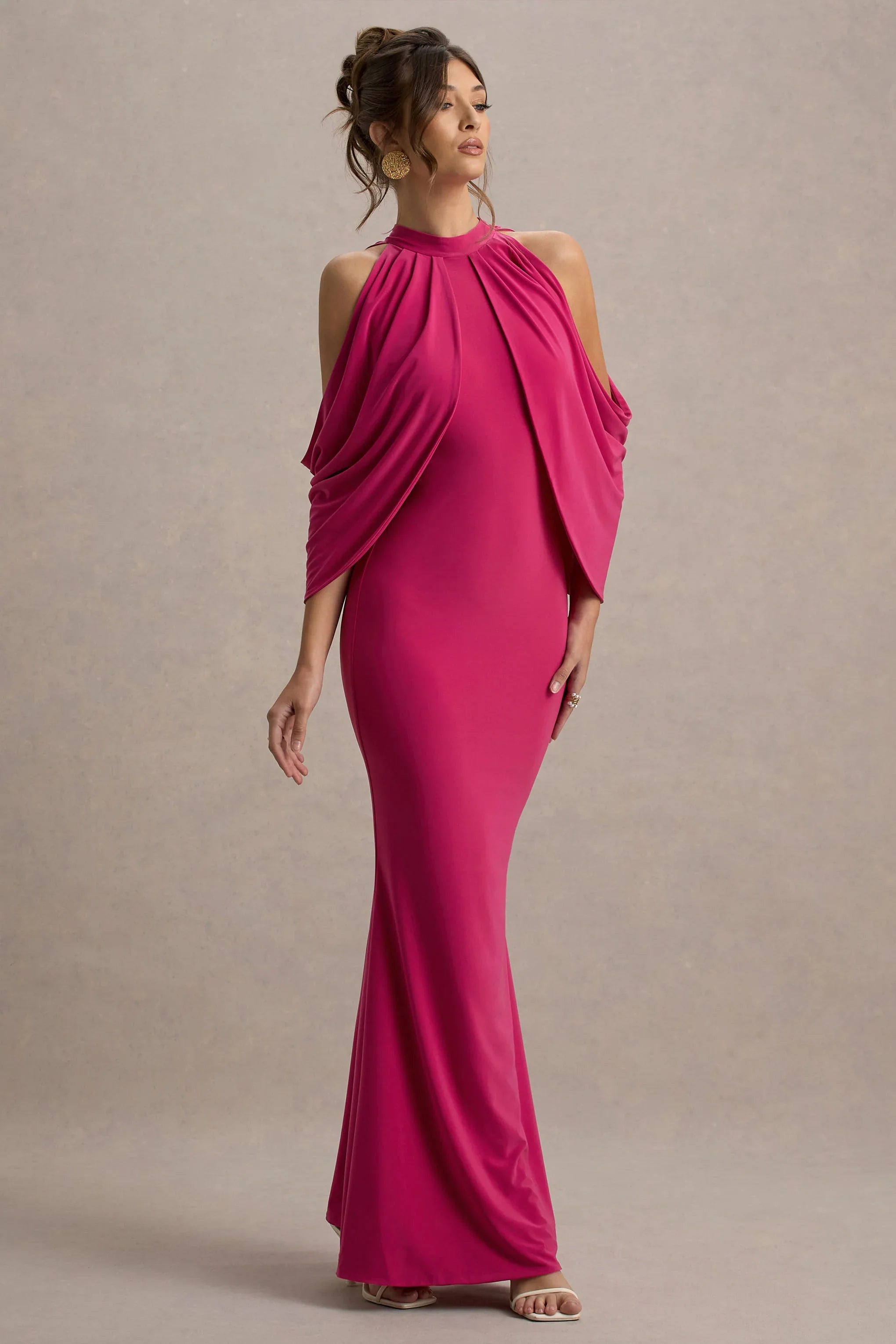 Teresa Hot Pink High Neck Cold Shoulder Maxi Dress