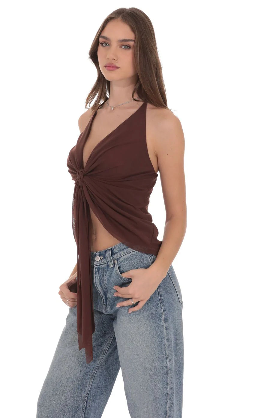 Mesh Plunge Two Piece Tie Top in Brown