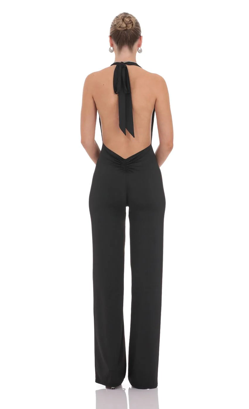 Halter Plunge Neck Jumpsuit in Black