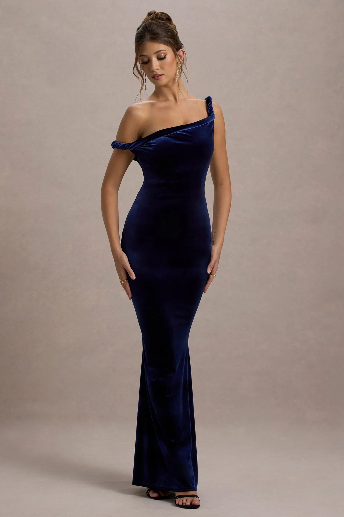 Neeka Navy Velvet Twisted Asymmetric Maxi Dress