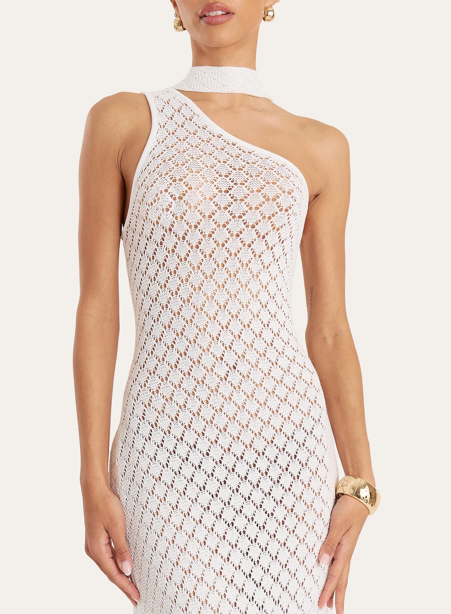 White Crochet One Shoulder Scarf Neck Maxi Dress
