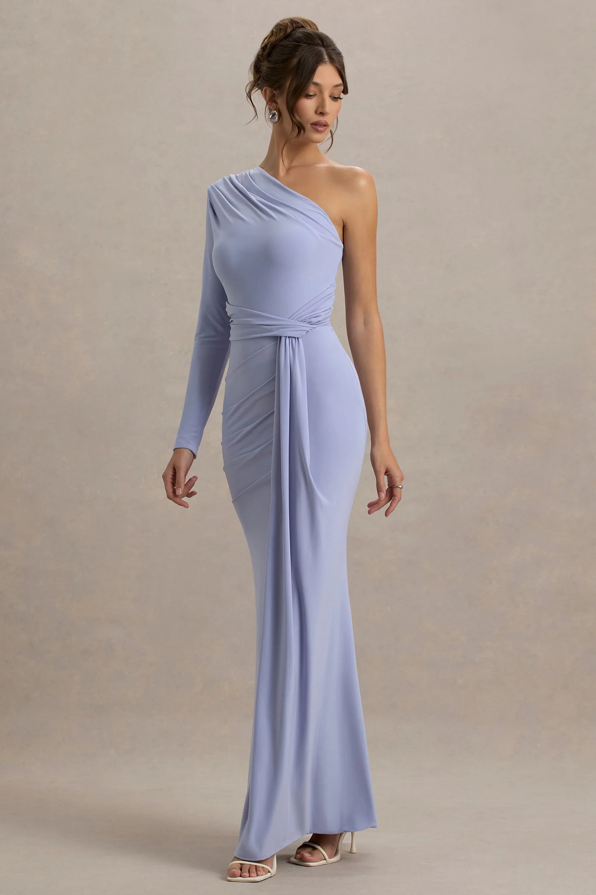 Sanya Pale Blue Asymmetric One Sleeve Wrap Maxi Dress with Drape