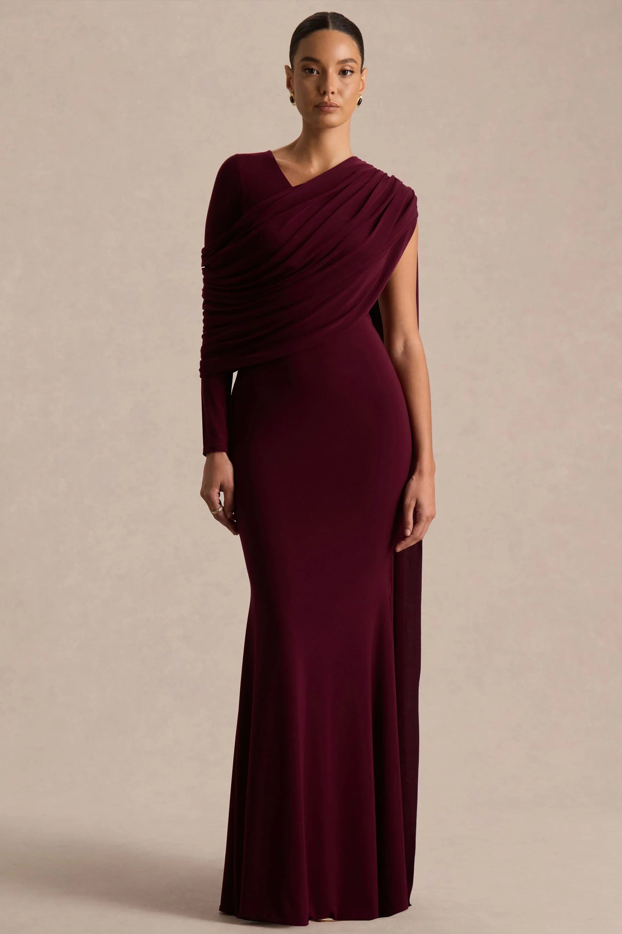 Rubelle Burgundy Asymmetric Neck Maxi Dress With Draped Detailing