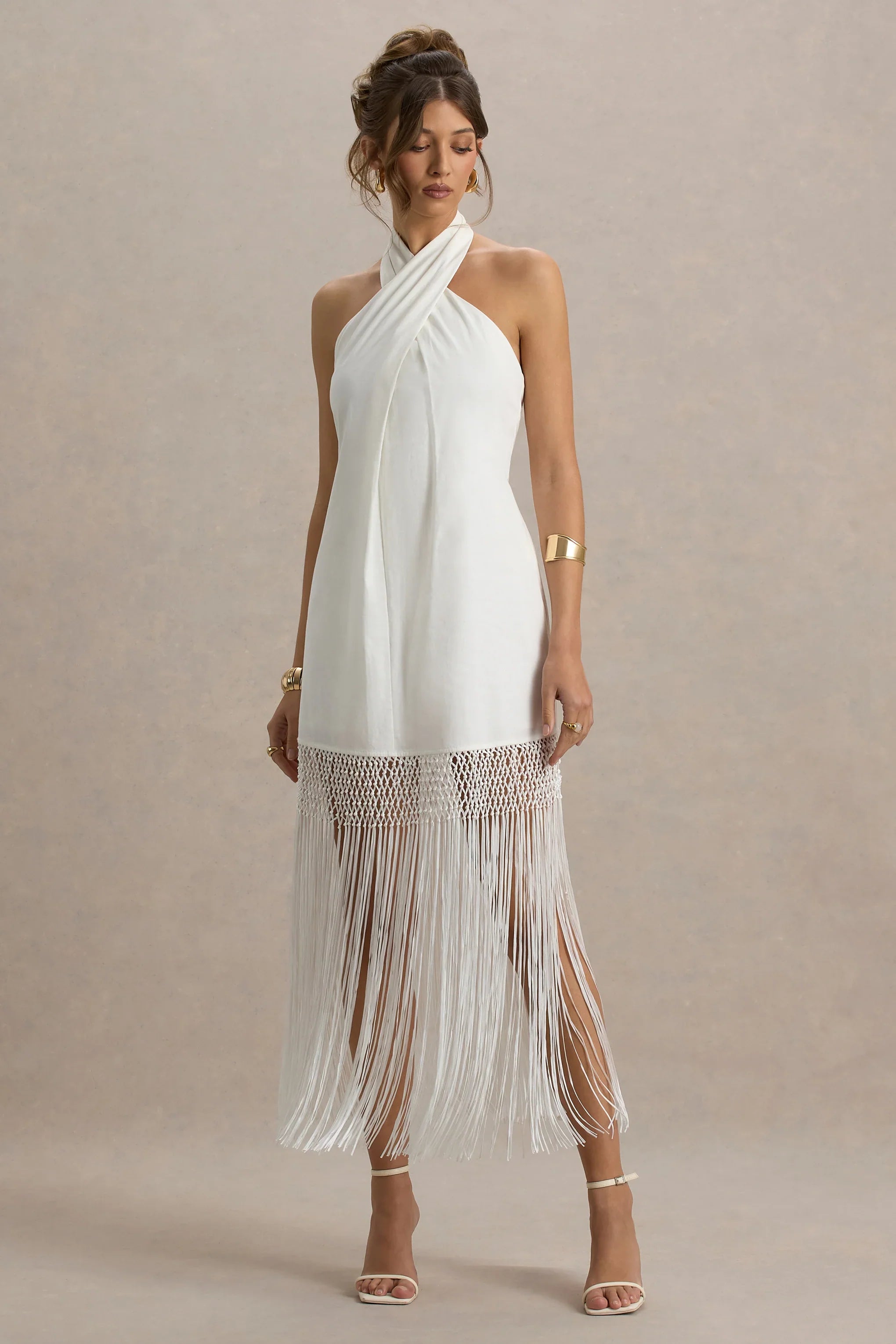 Fiametta Ecru Linen Halter Neck Fringe Maxi Dress