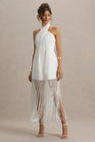 Fiametta Ecru Linen Halter Neck Fringe Maxi Dress