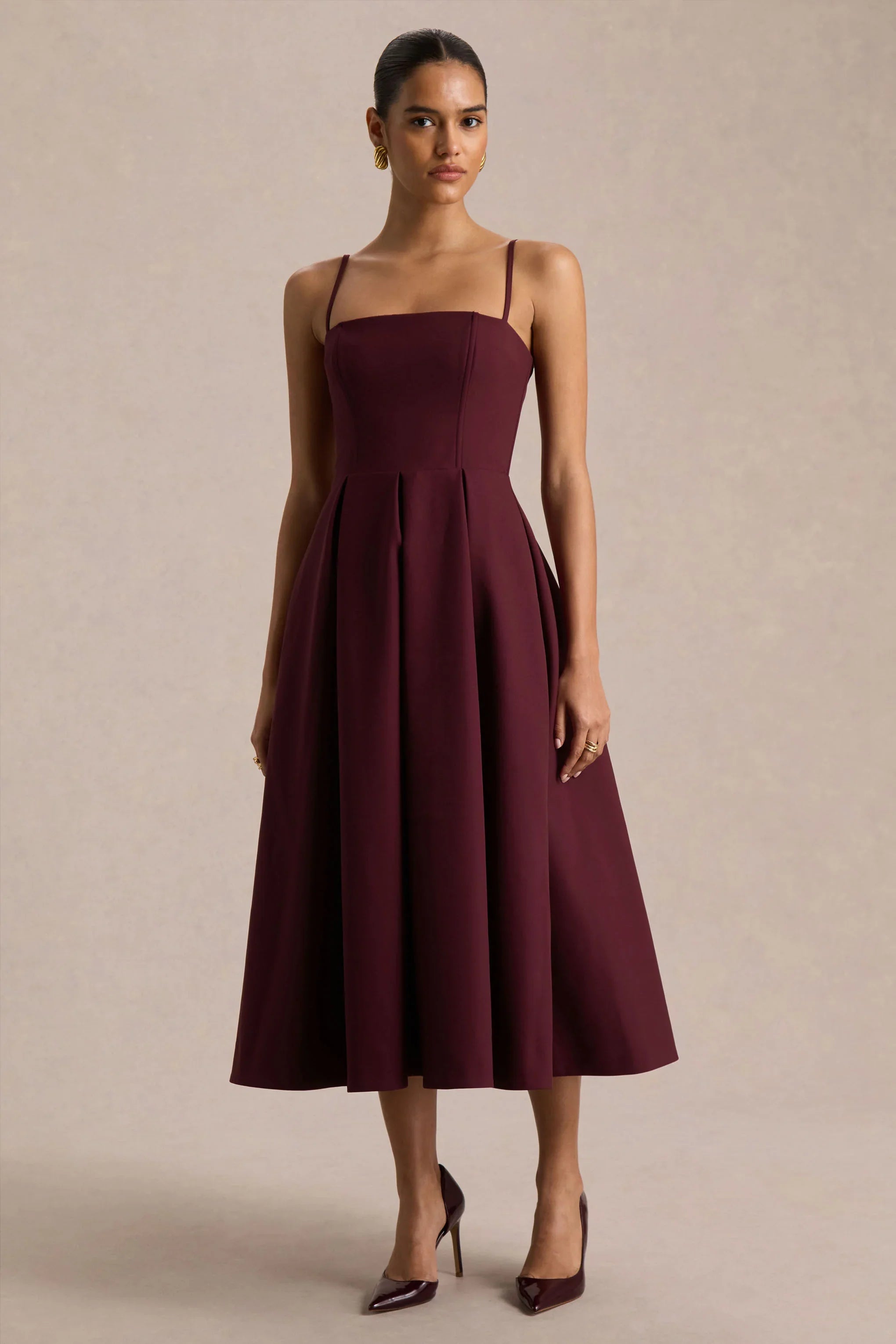 Thalia Burgundy High Neck Midi Dress With Sheer Mesh Cape