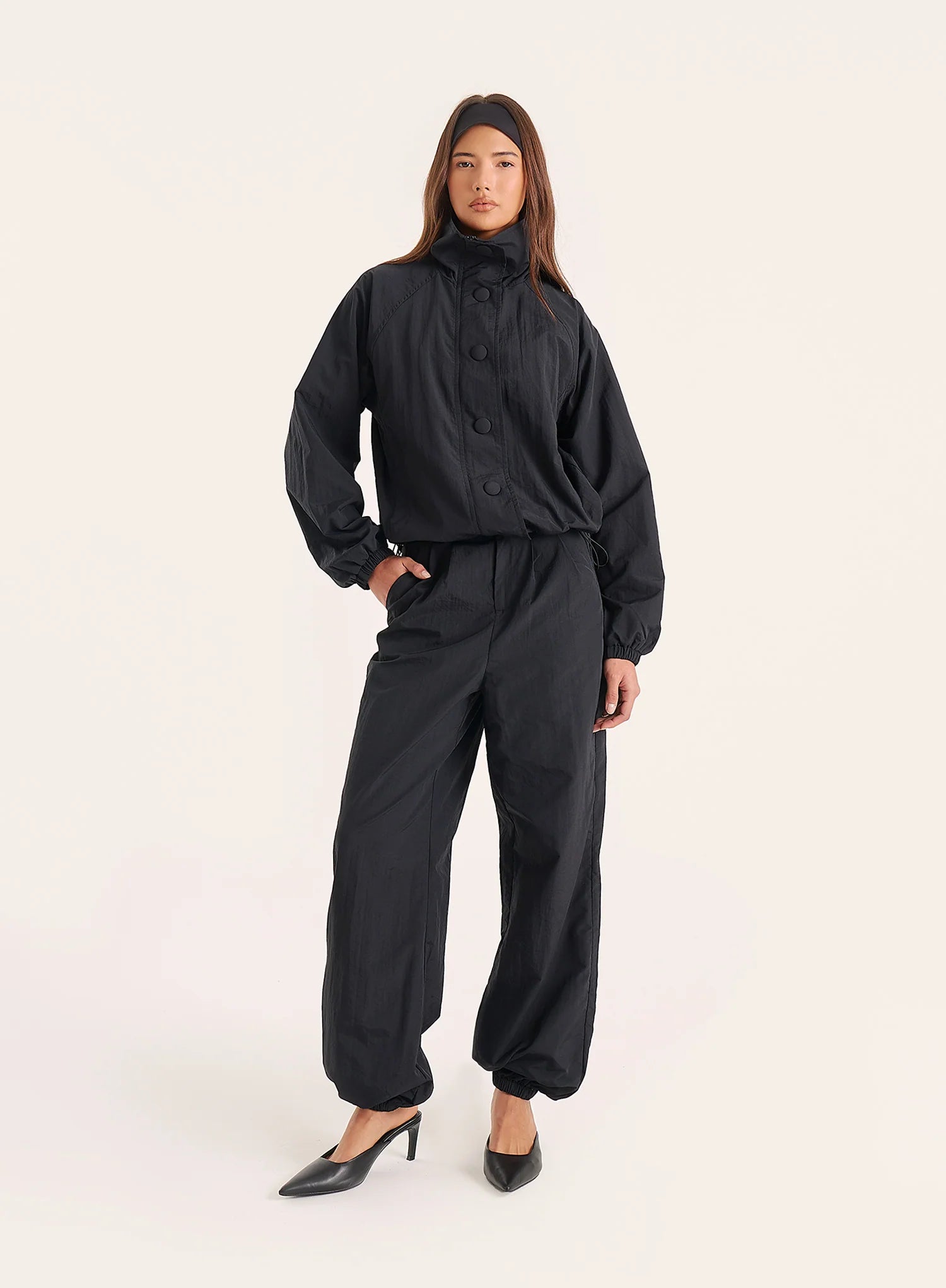 Black Funnel Neck Windbreaker Jacket