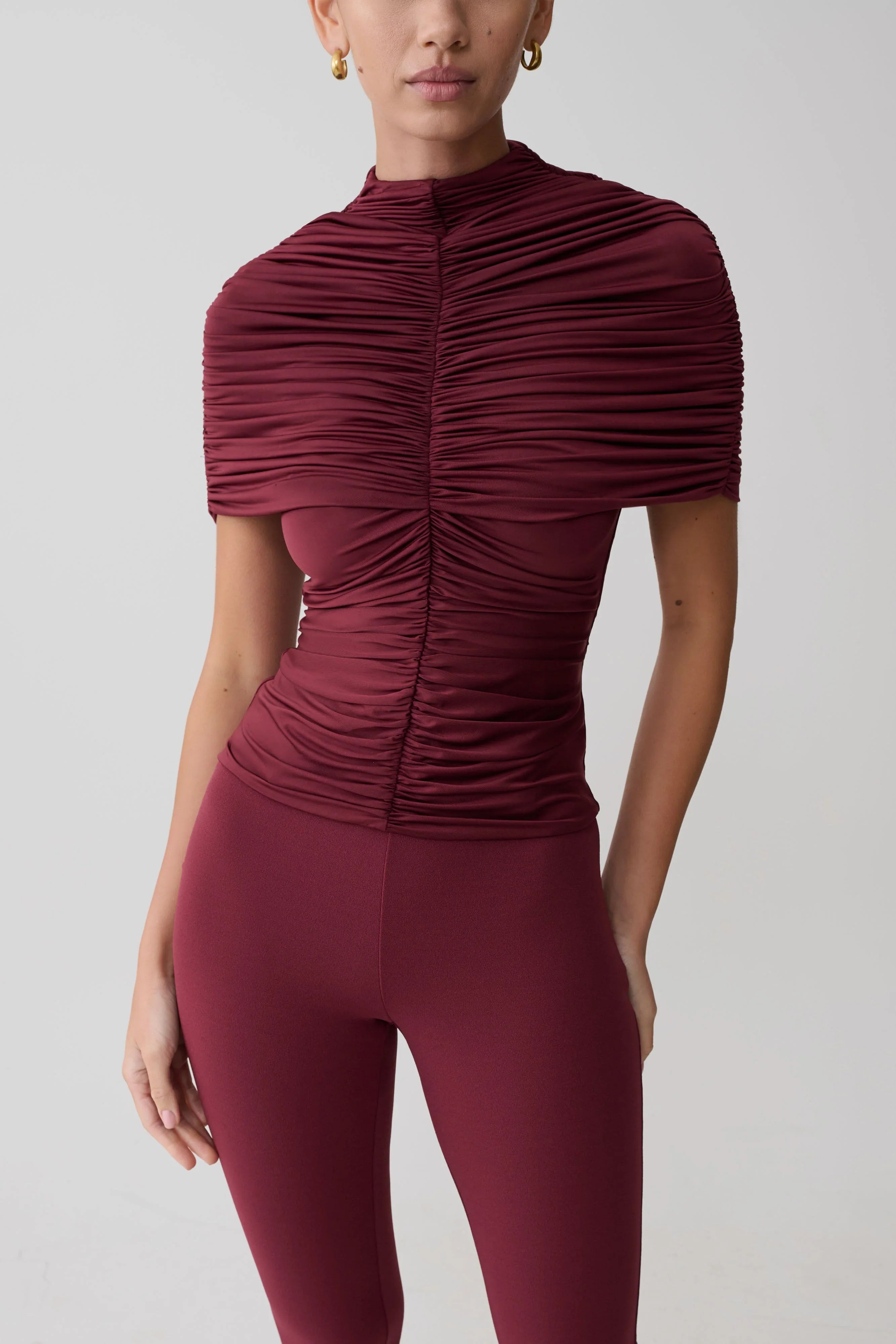 Linh Slinky High Neck Gathered Top Mahogany