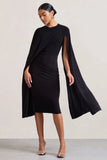Marysol Black Asymmetric Cape Midi Dress