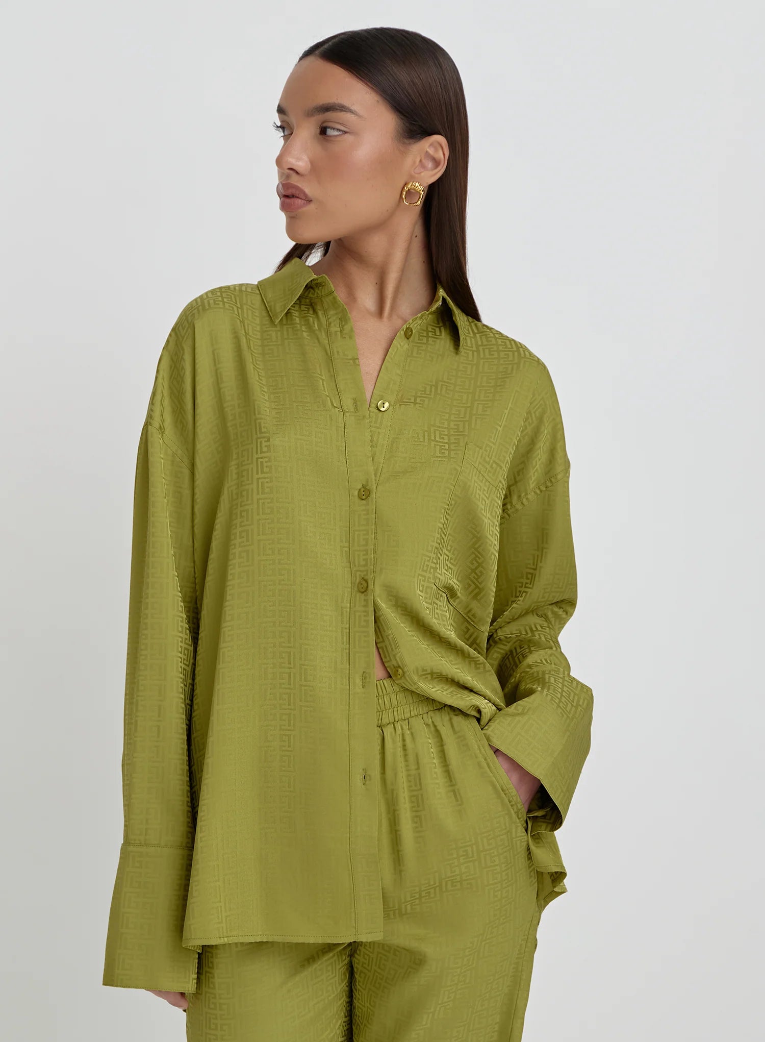 Green Jacquard Satin Print Oversized Shirt