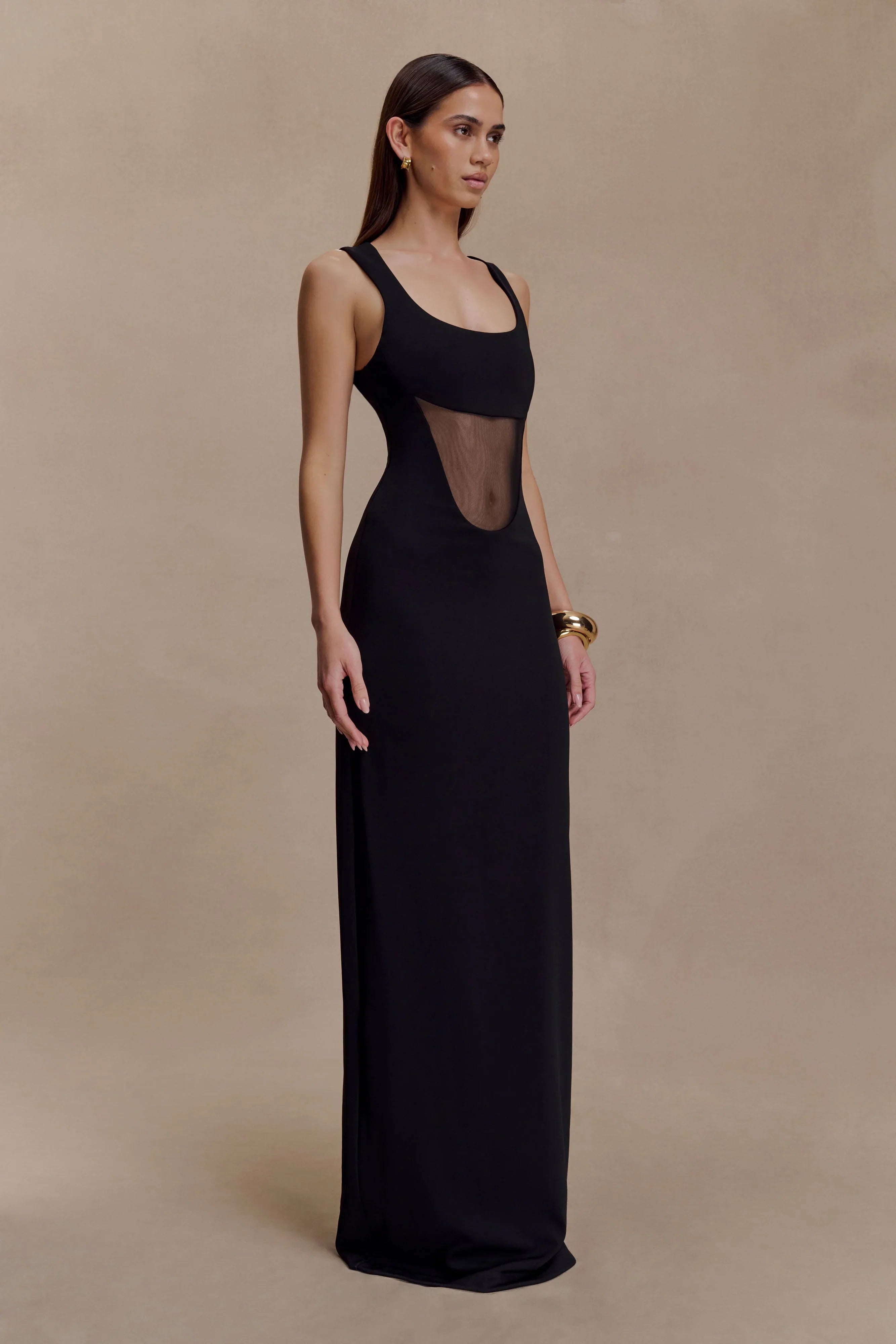 Marlon Crepe And Mesh Maxi Dress Black