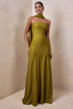 Charly Olive Matte Satin Bandeau Maxi Dress With Scarf Detail