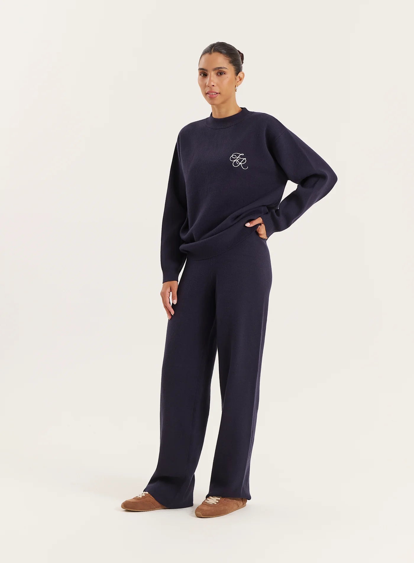 Navy Knitted Straight Leg Trousers