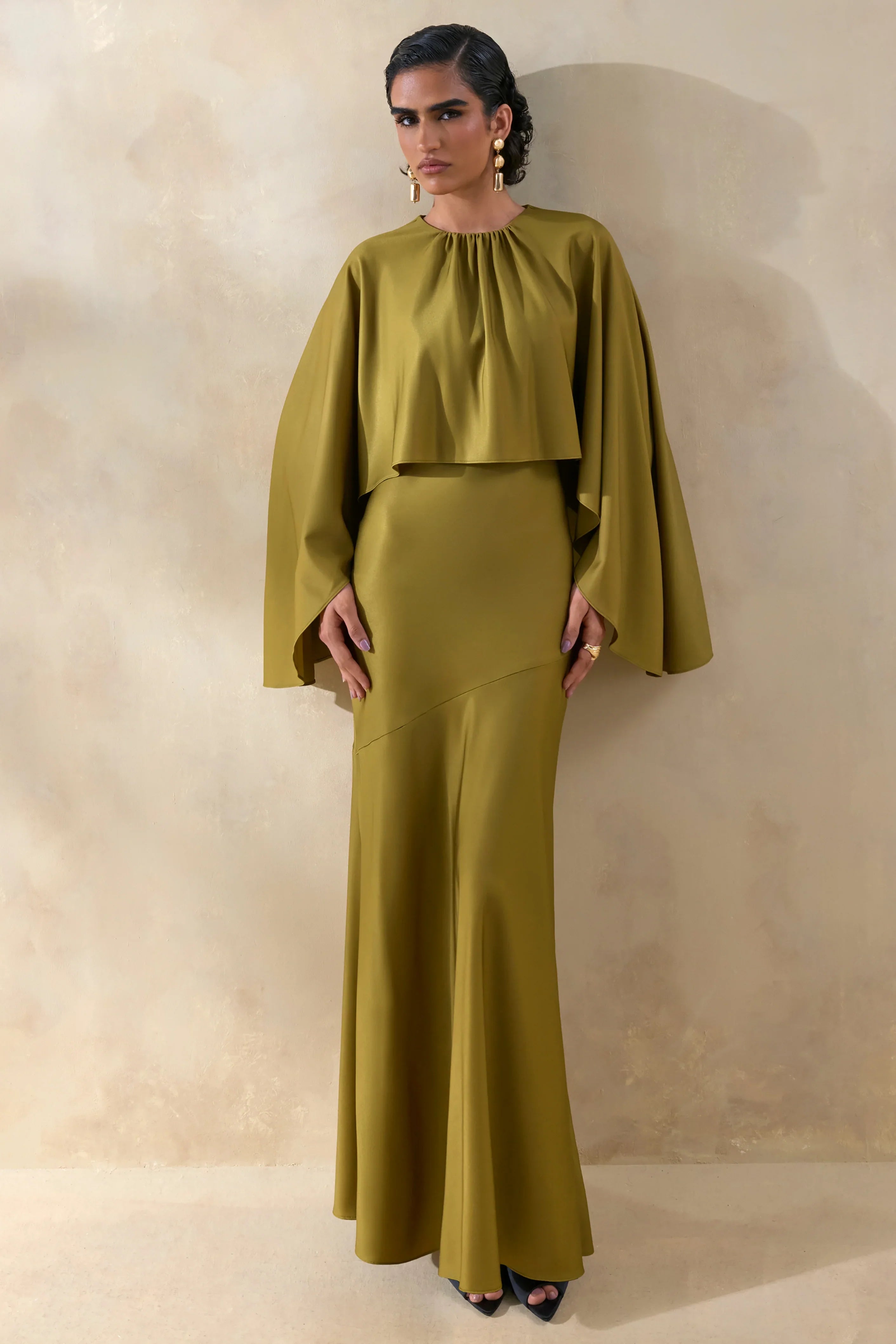 Vanthea Olive Satin Round Neck Maxi Dress With Cape Sleeves