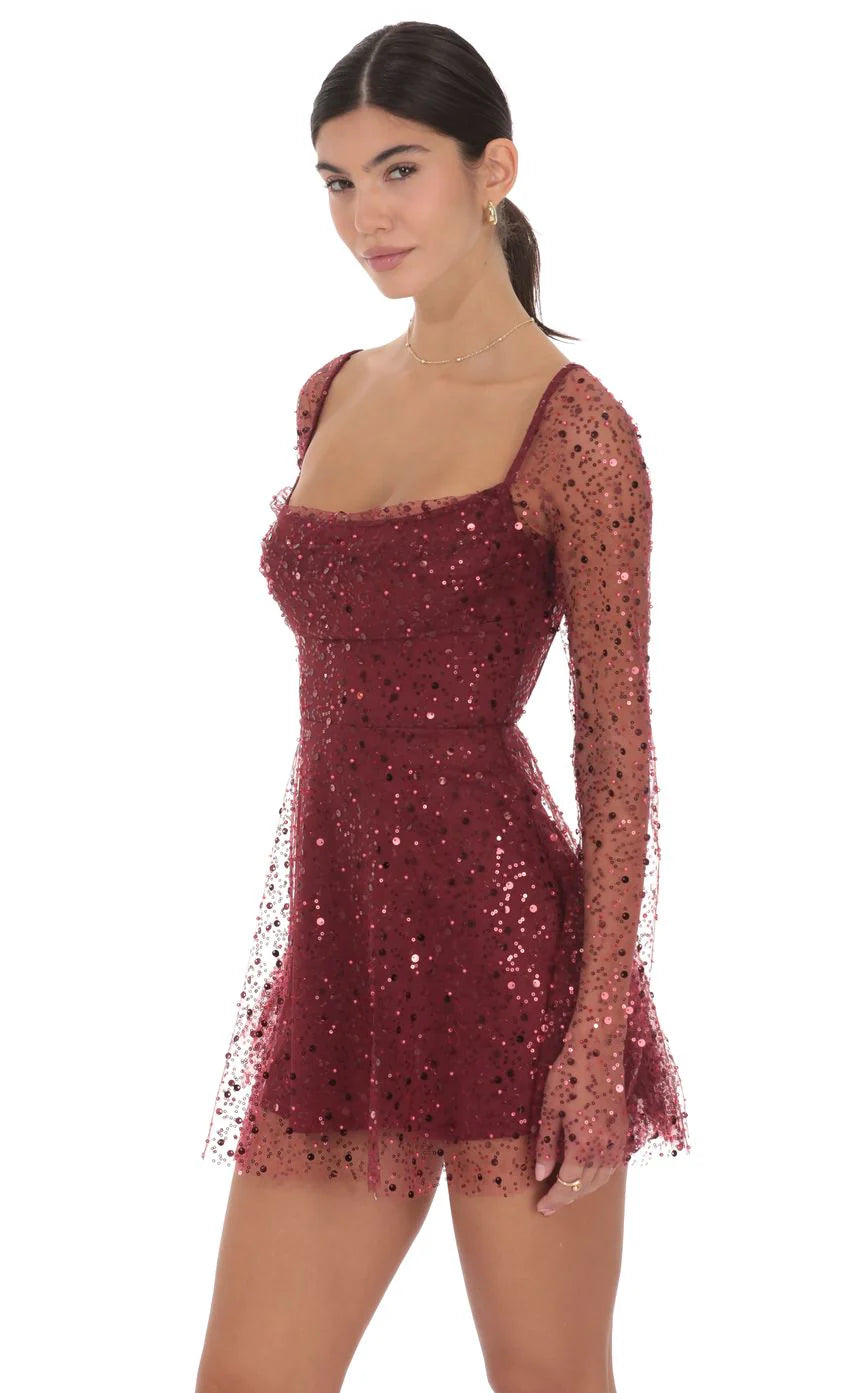 Sequin Beaded Long Sleeve Fit and Flare Dress in Burgundy