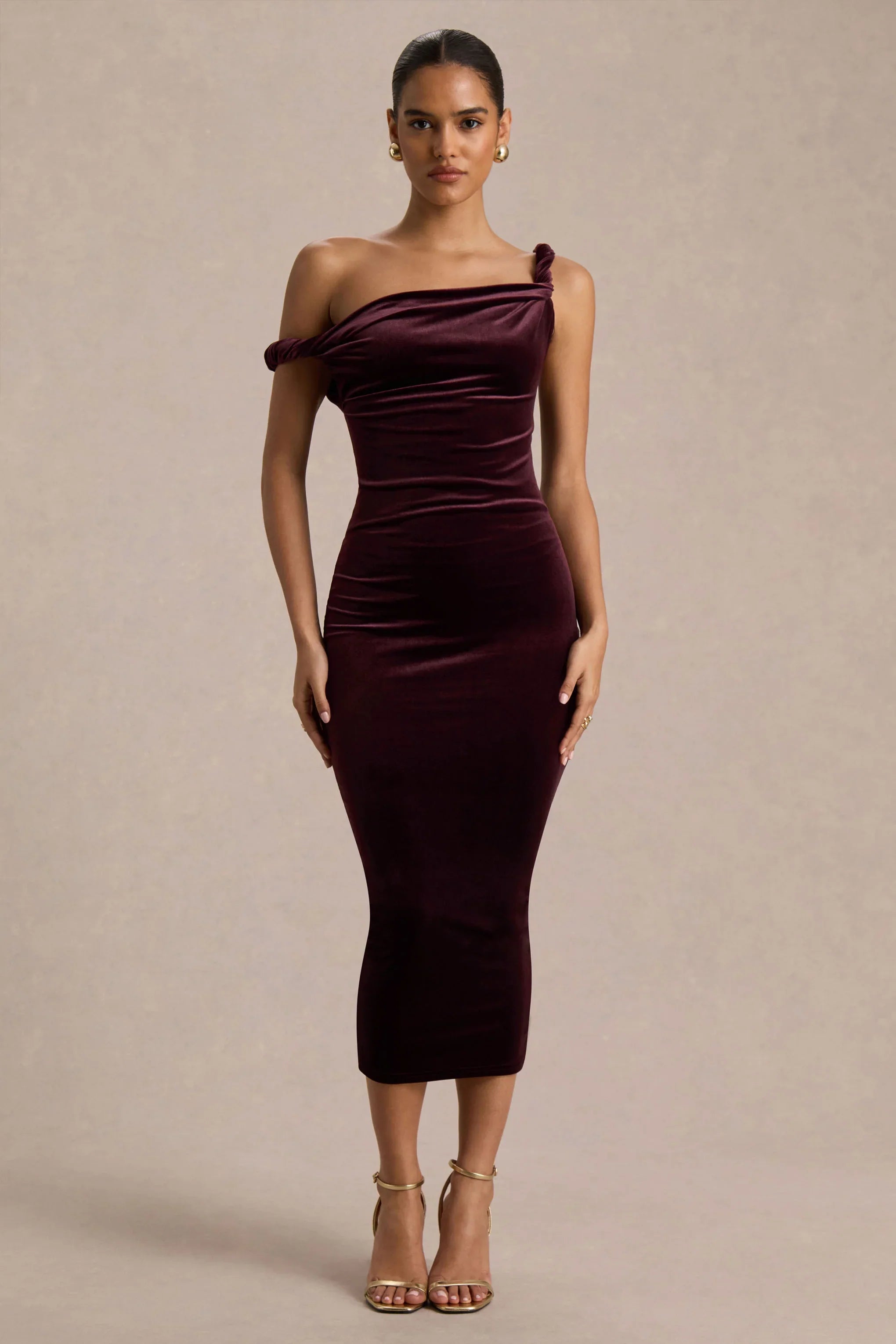 Carella Burgundy Velvet Twisted Asymmetric Midi Dress