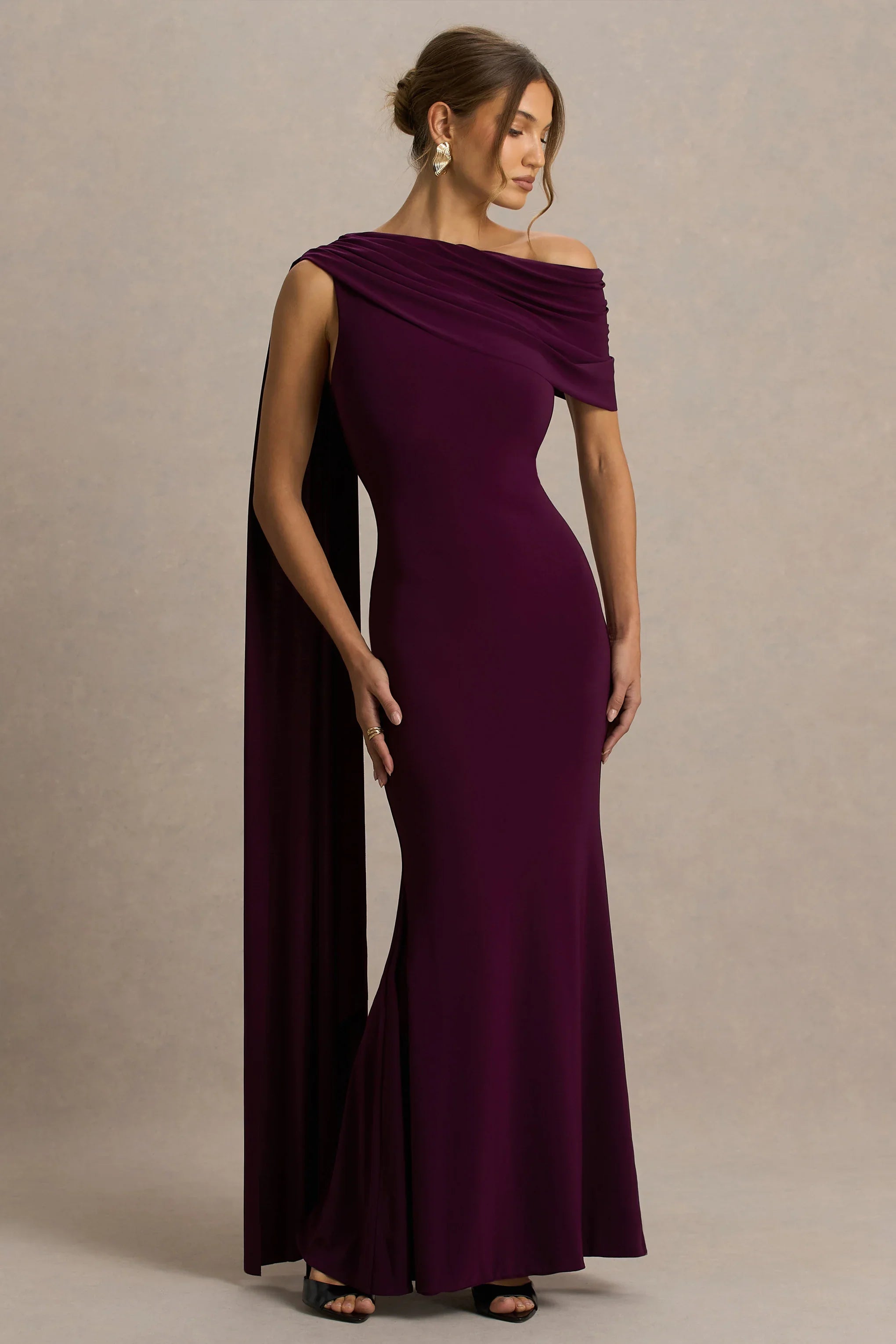 Tiana Dark Plum Asymmetric Neck Maxi Dress With Draped Detail