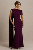 Tiana Dark Plum Asymmetric Neck Maxi Dress With Draped Detail