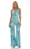 Drape Open Back Jumpsuit in Blue Swirl