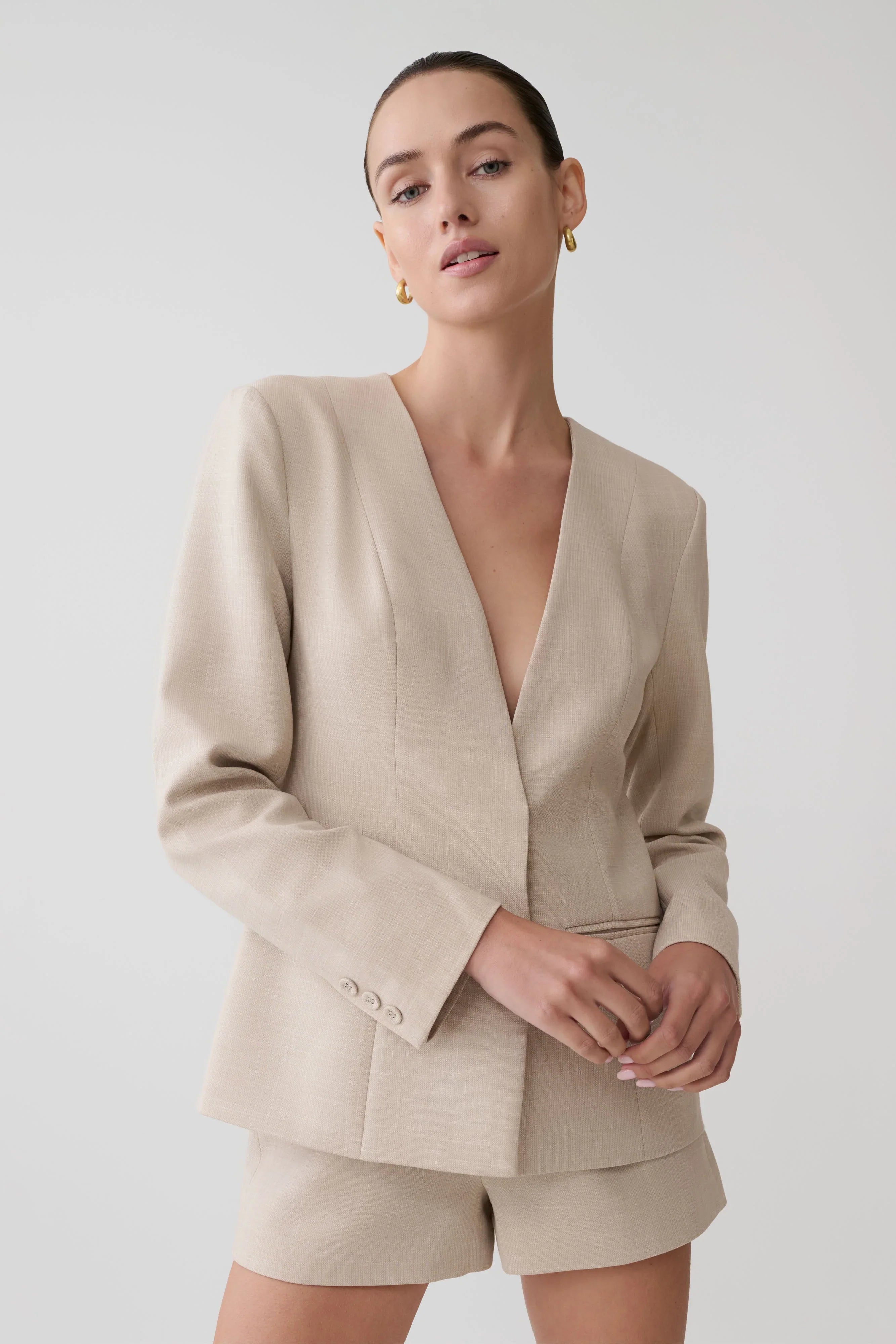 Solenne Collarless Suiting Blazer Natural Marle
