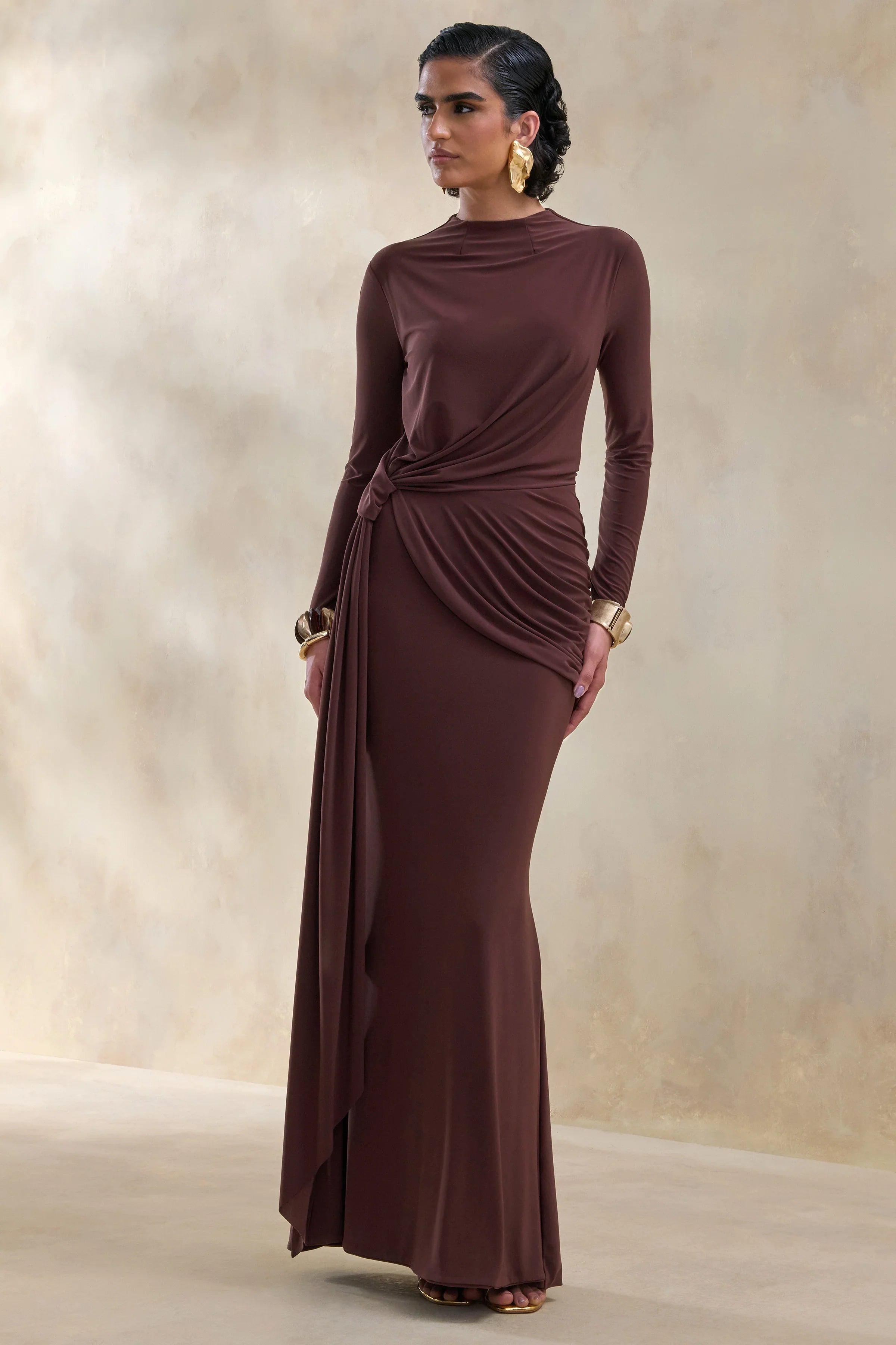 Kyrissa Brown High Neck Maxi Dress With Gathered Detailing