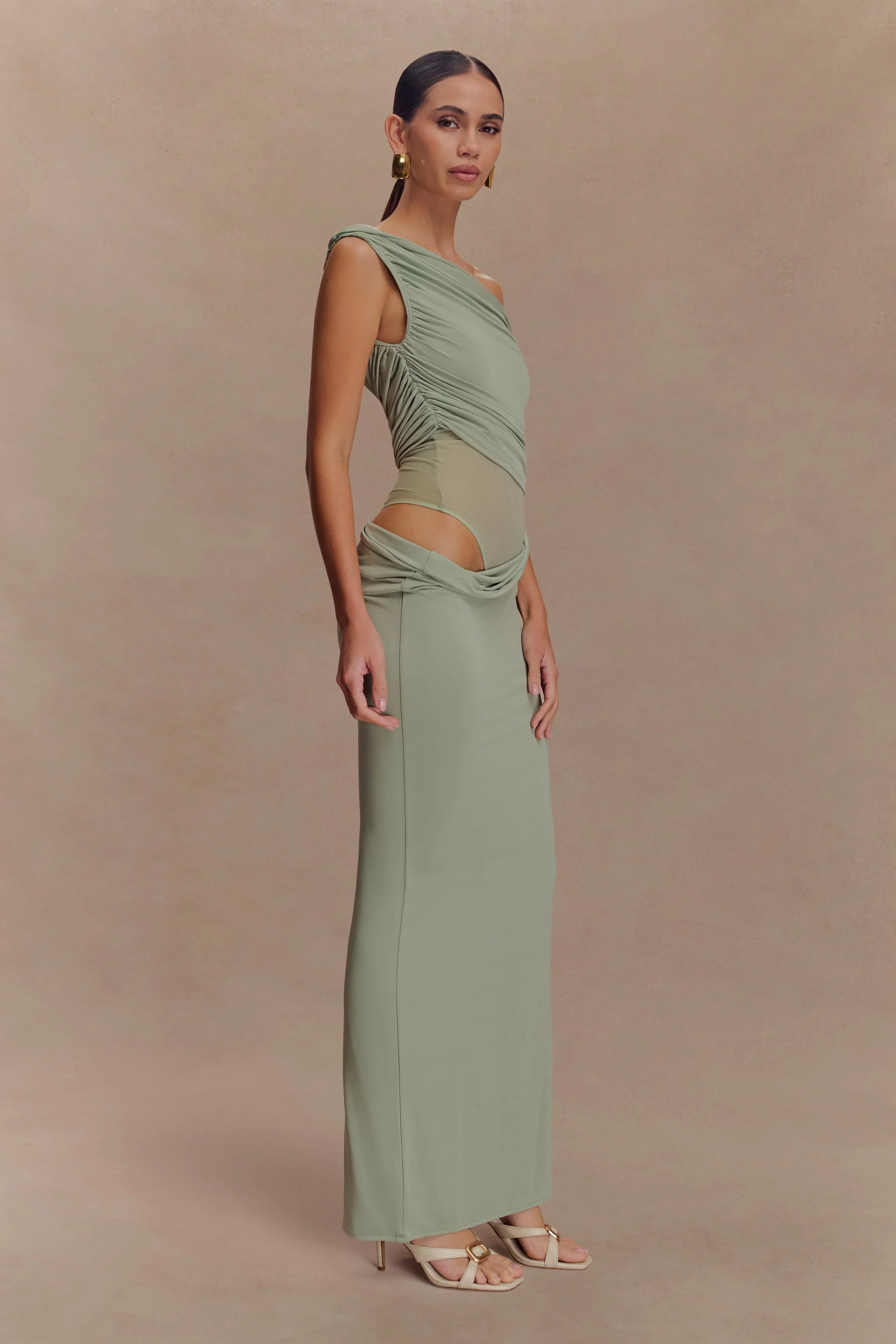 Callen One Shoulder Slinky Maxi Dress Sage