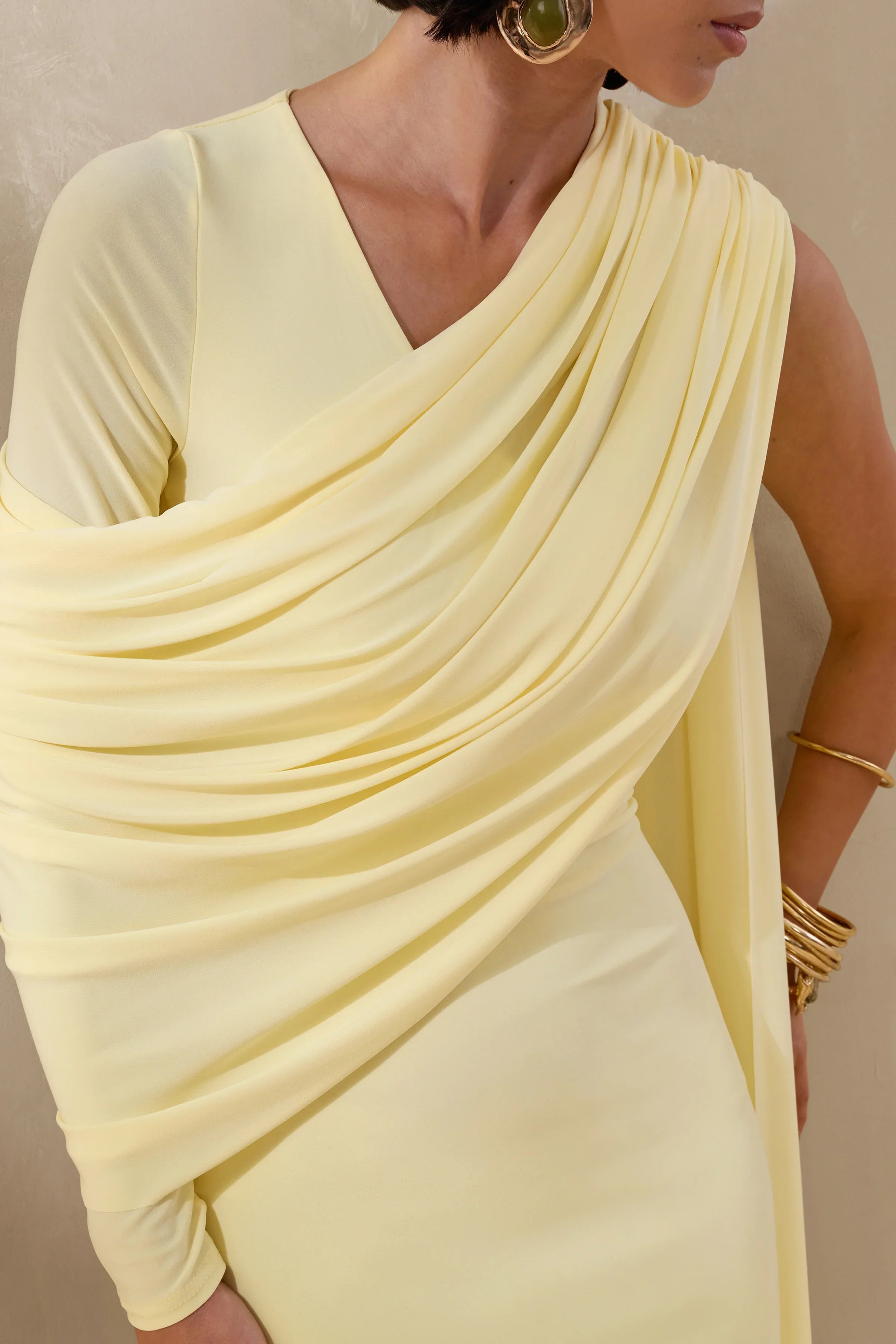 Rubelle Lemon Asymmetric Neck Maxi Dress With Draped Detailing