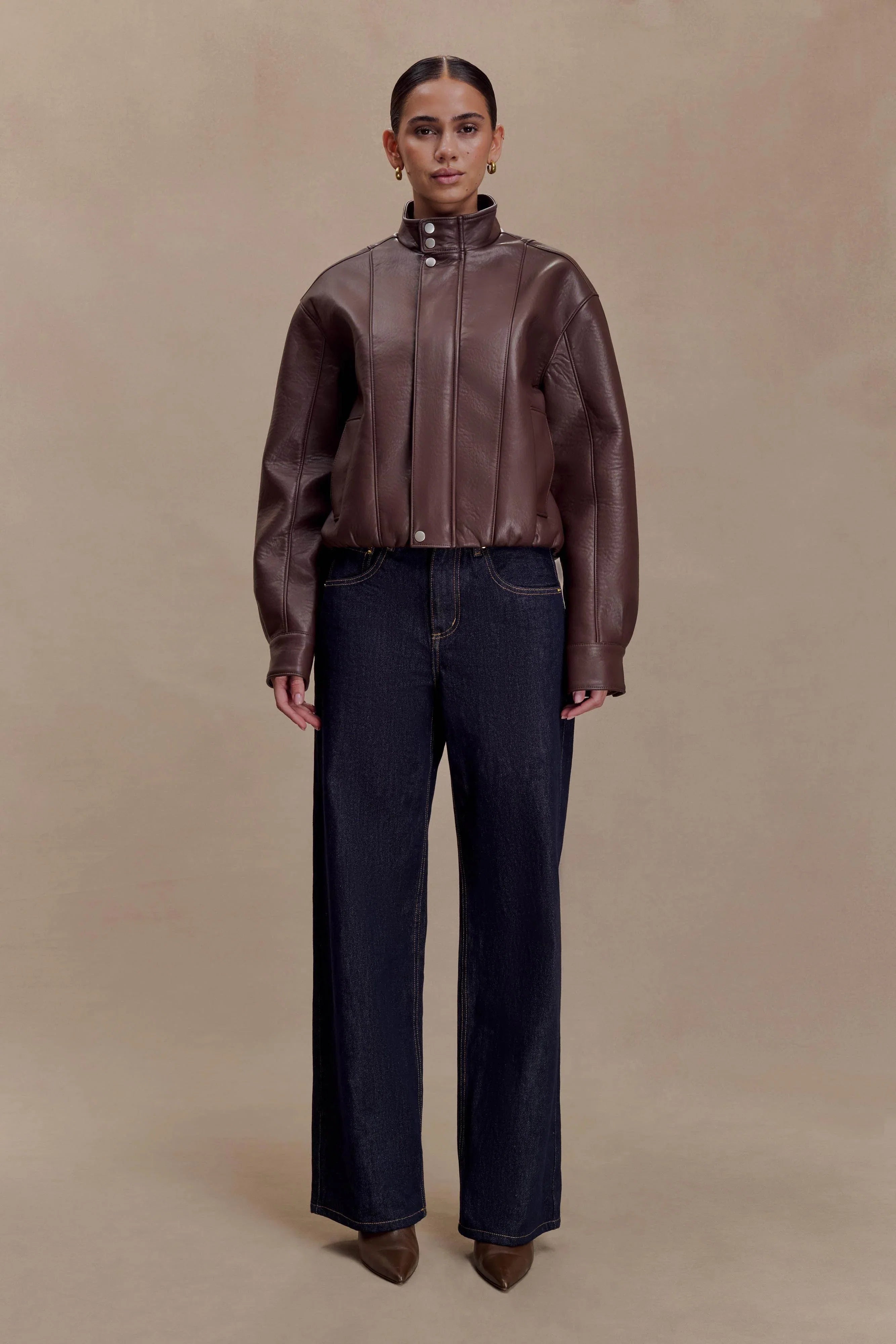 Curtis Faux Leather Bomber Jacket Dark Chocolate