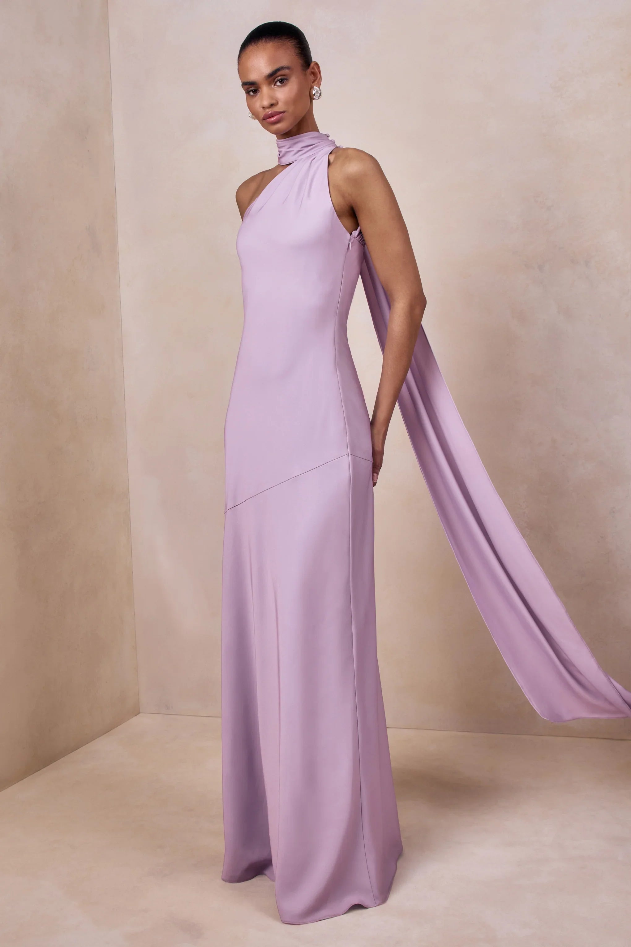 Cara Lilac Matte Satin High Neck Maxi Dress