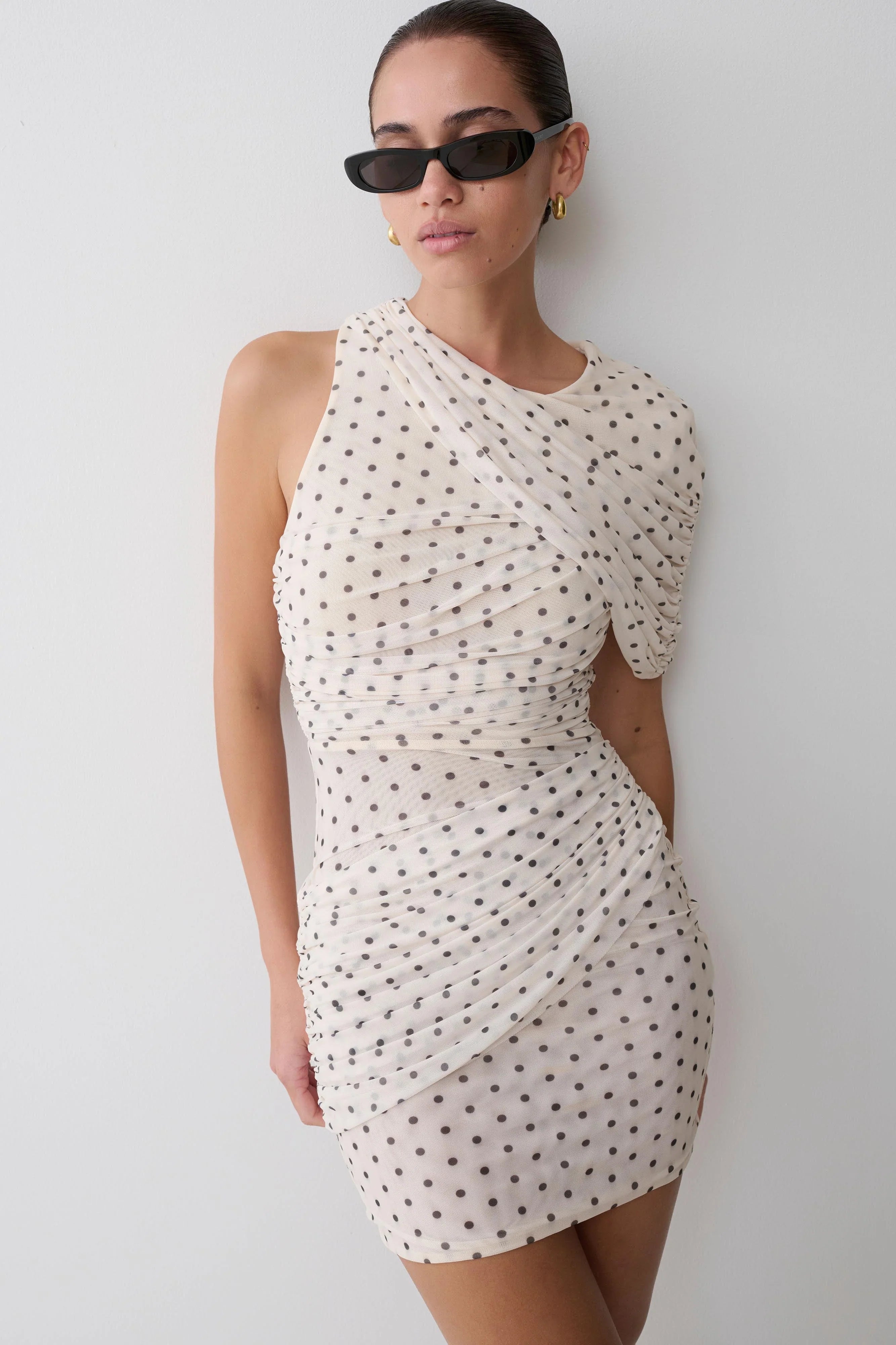 Adrienne One Shoulder Mesh Mini Dress Polka Dot