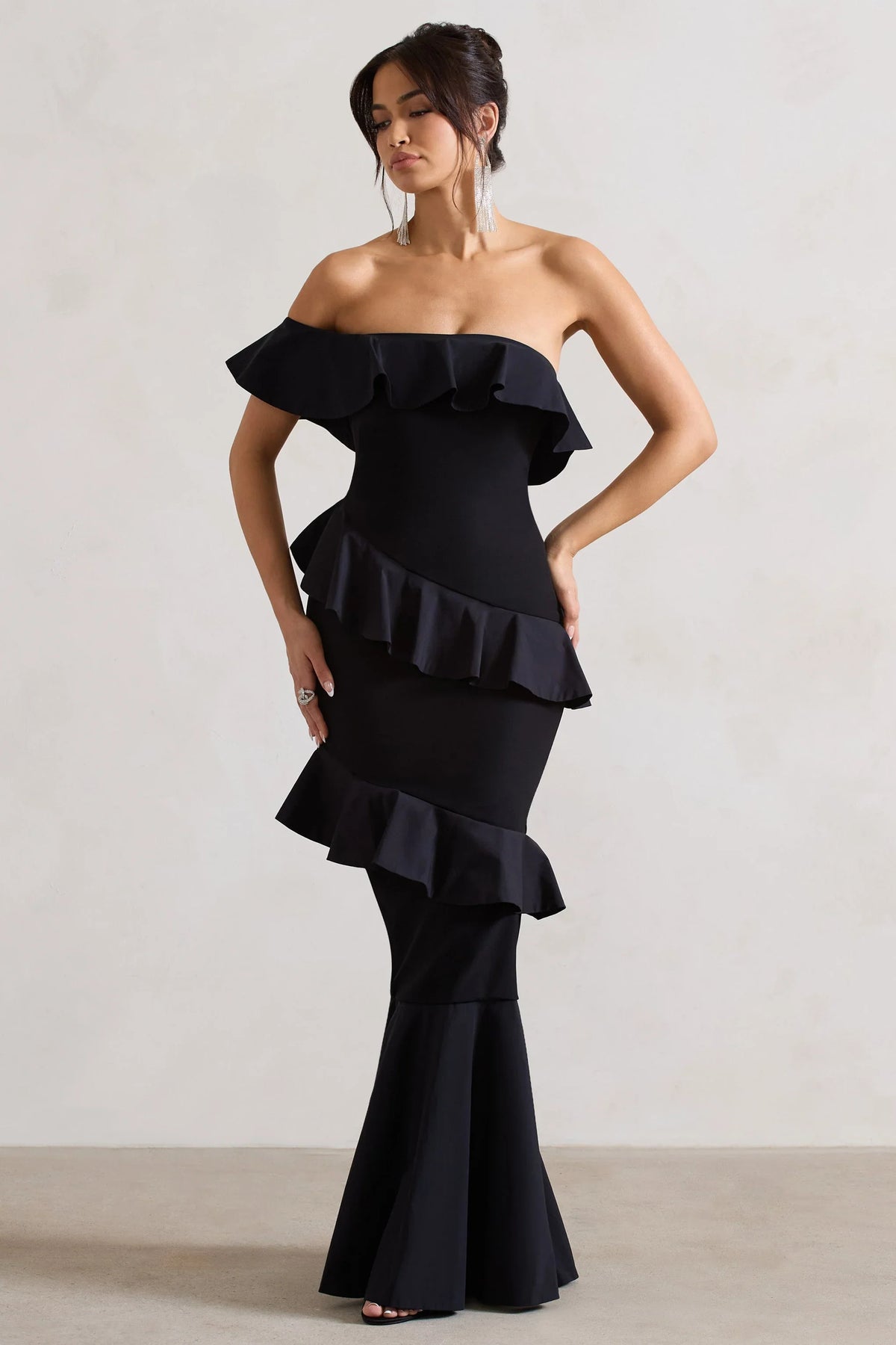 Cinematic Black Bardot Ruffled Fishtail Maxi Dress