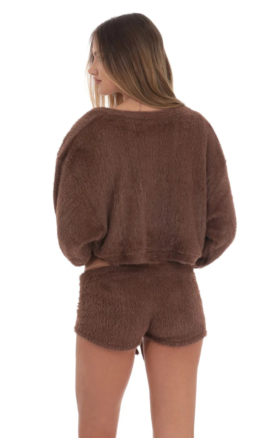 Open Fuzzy Cardigan in Brown