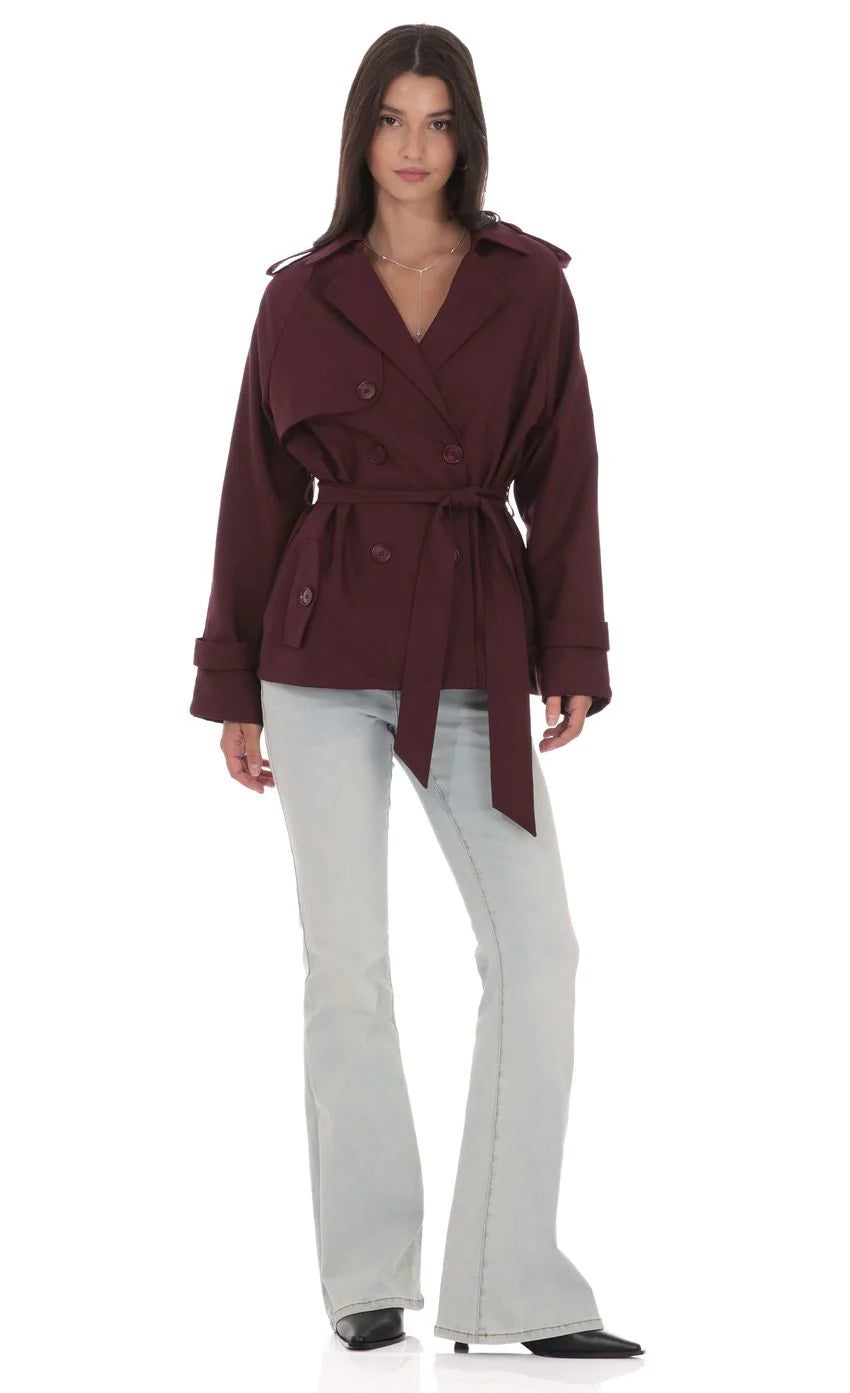 Double Breasted Trench Coat in Burgundy