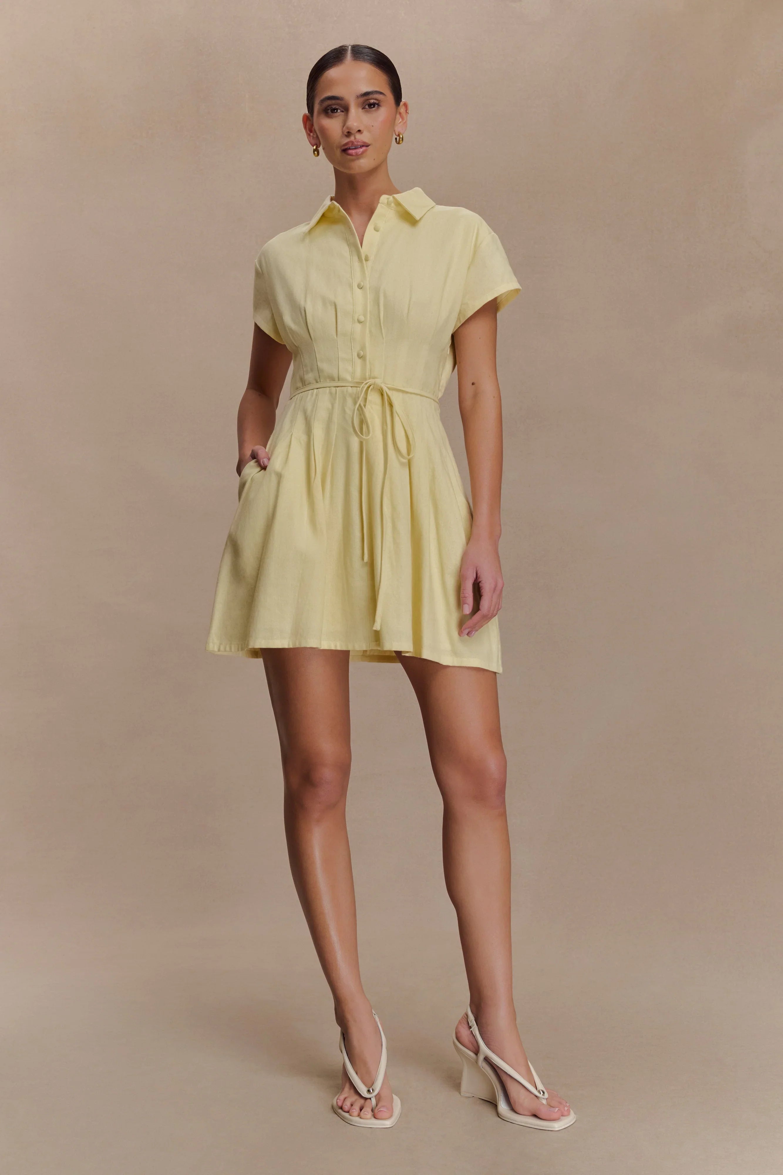 Aysha Buttoned Linen Mini Dress Lemon