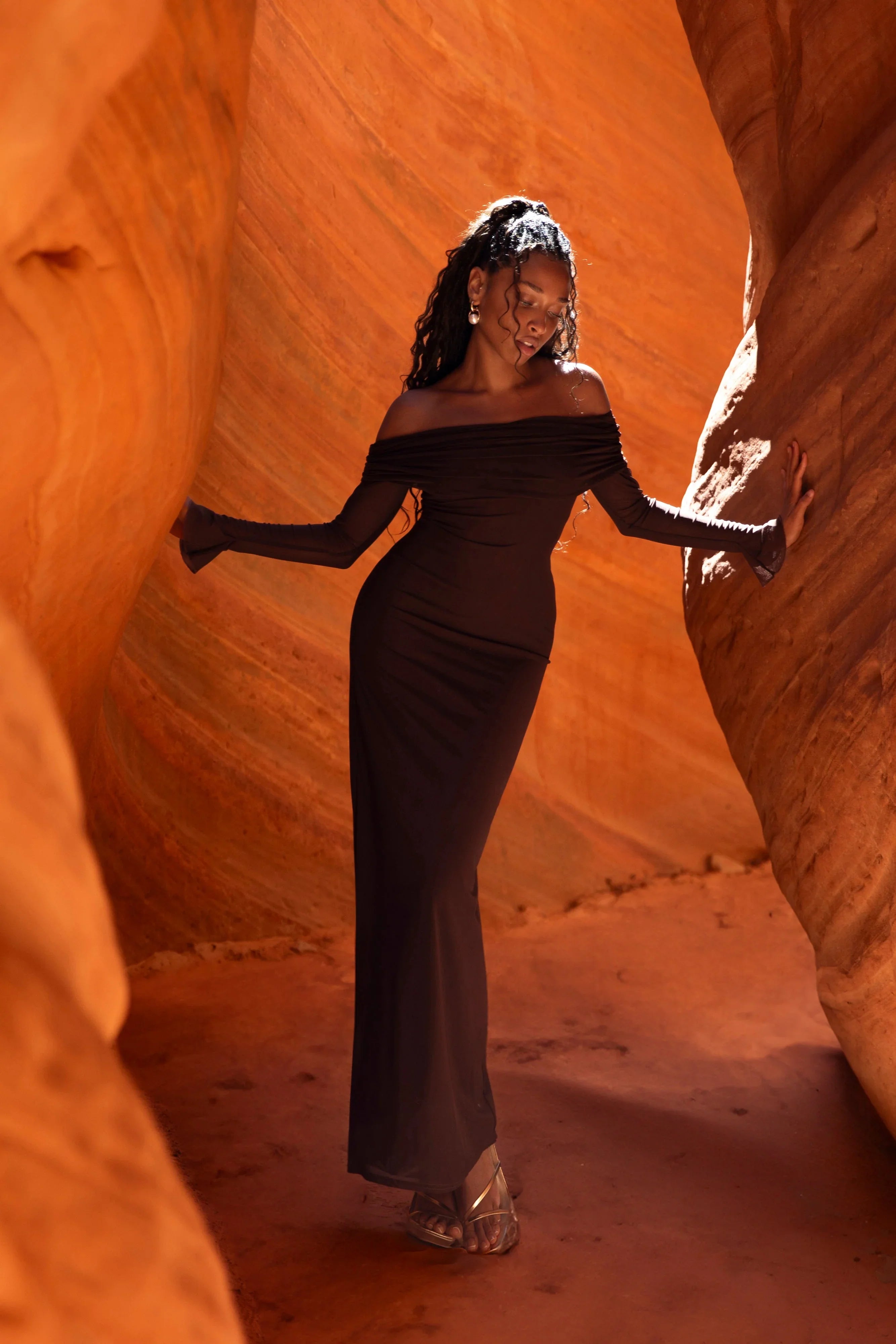 Josie Off Shoulder Mesh Maxi Dress Dark Brown