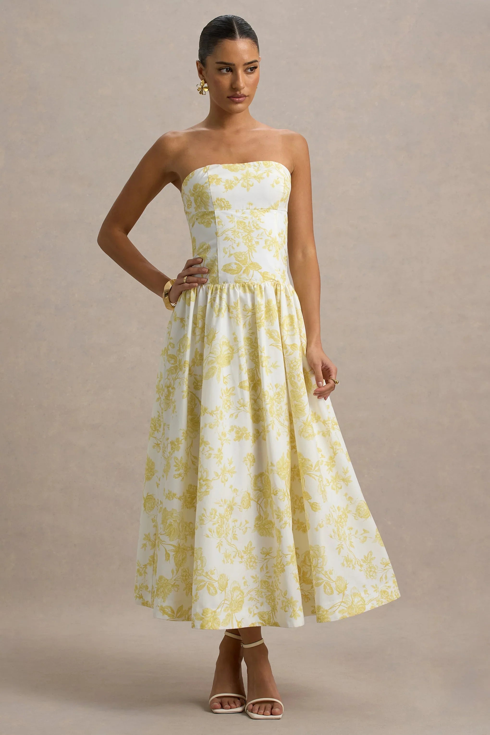 Bluebell Lemon Porcelain Print Poplin Bandeau Drop Waist Midi Dress