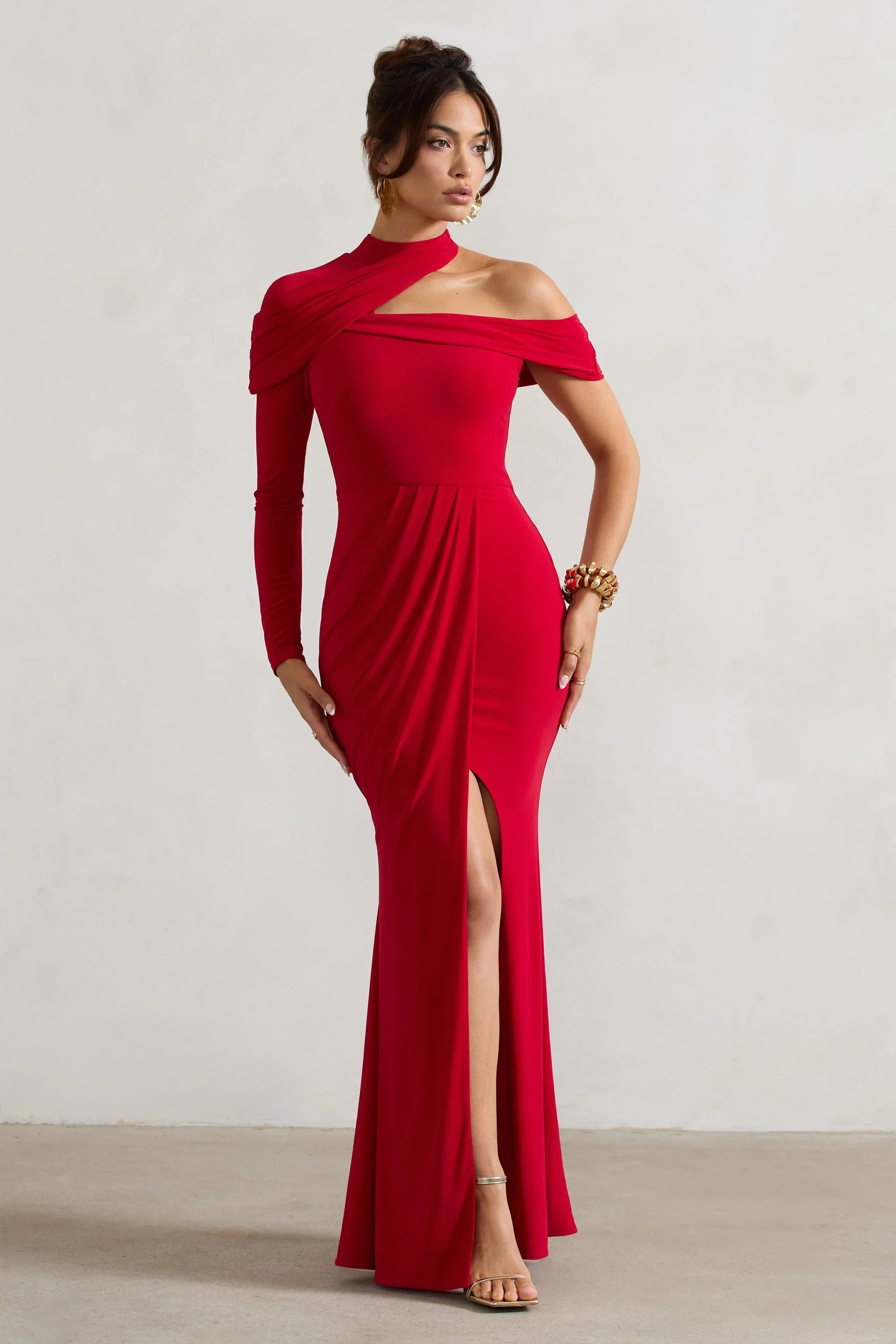 Tyla Red Asymmetric High Neck Split Maxi Dress